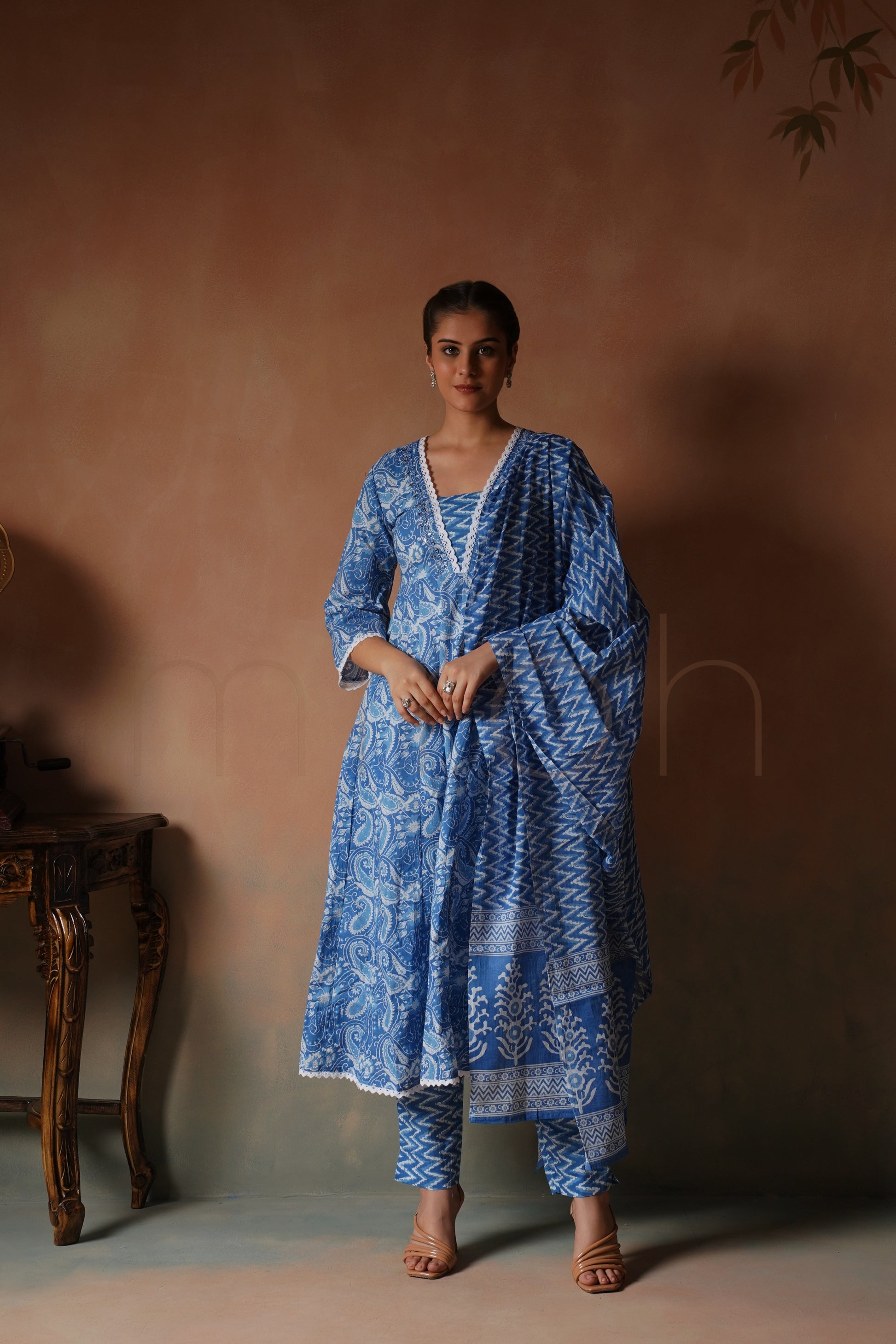 Azure Blue Printed Anarkali Set
