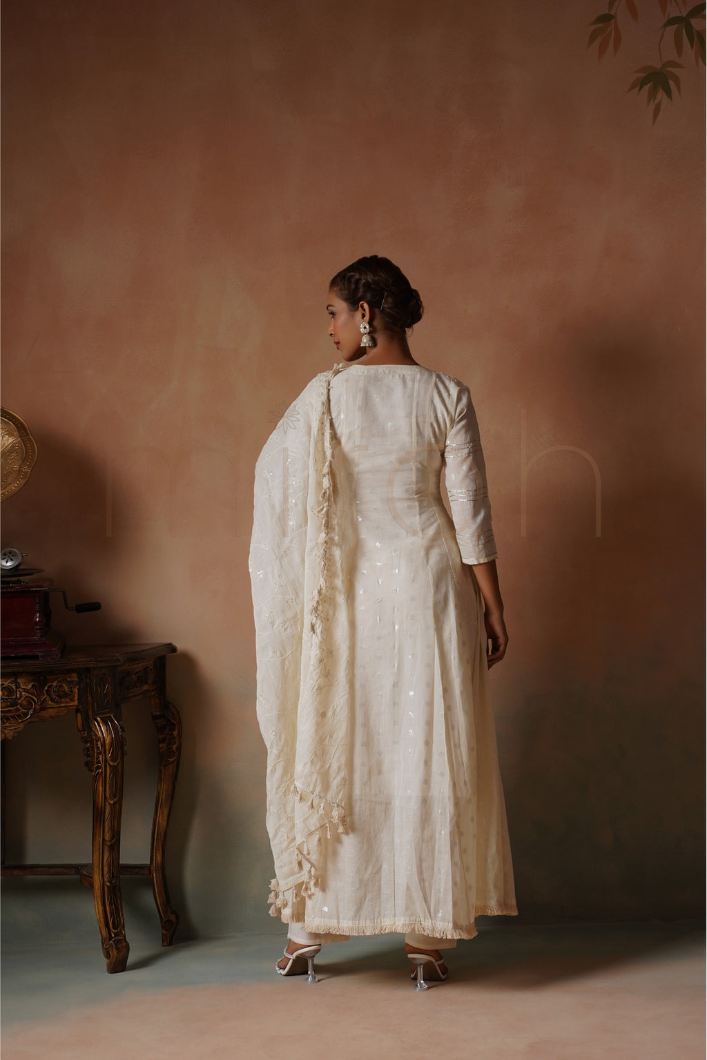Off-White Embroidered Cotton Anarkali Set