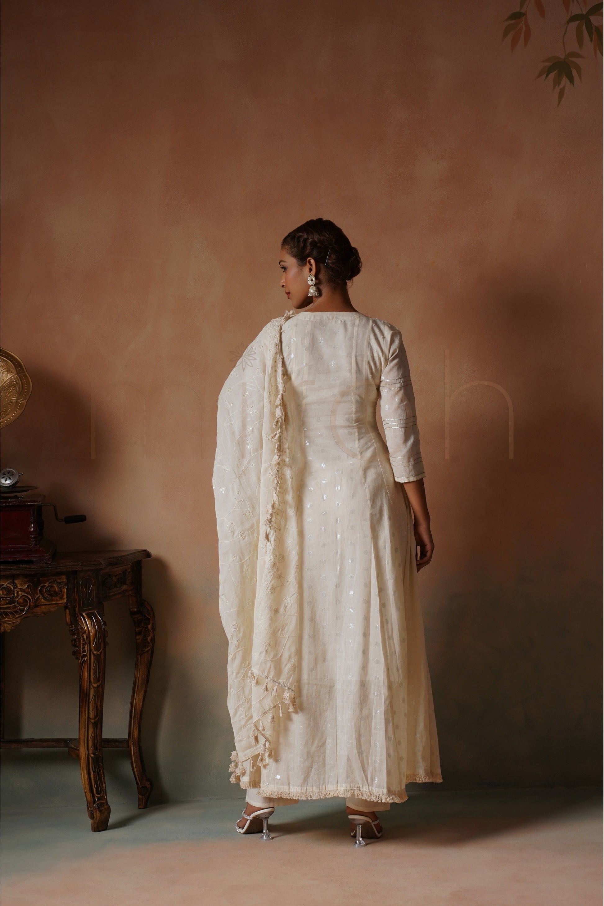 Off-White Embroidered Cotton Anarkali Set