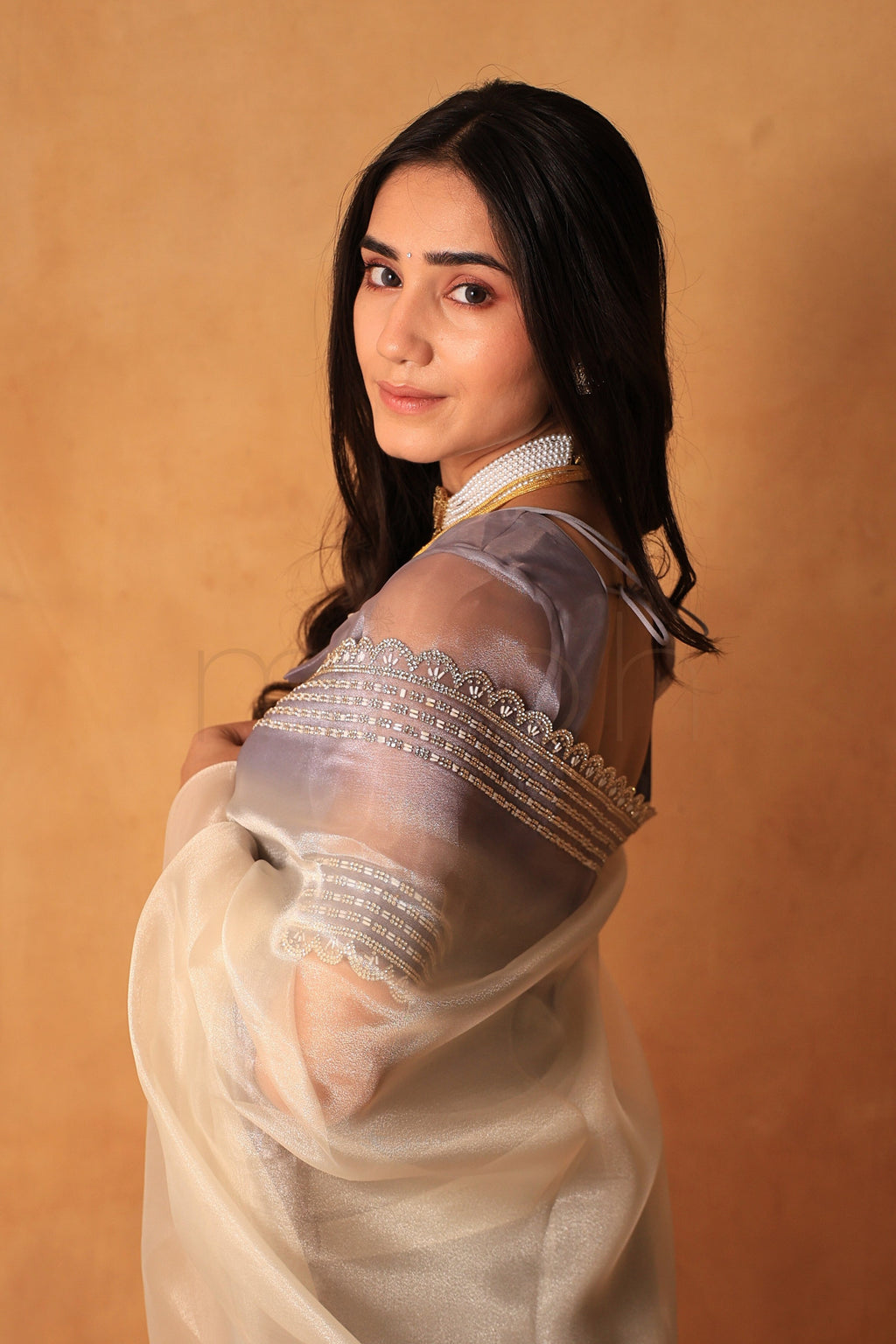 Lavender Ivory Ombre Organza Saree with Sequin & Bead Border