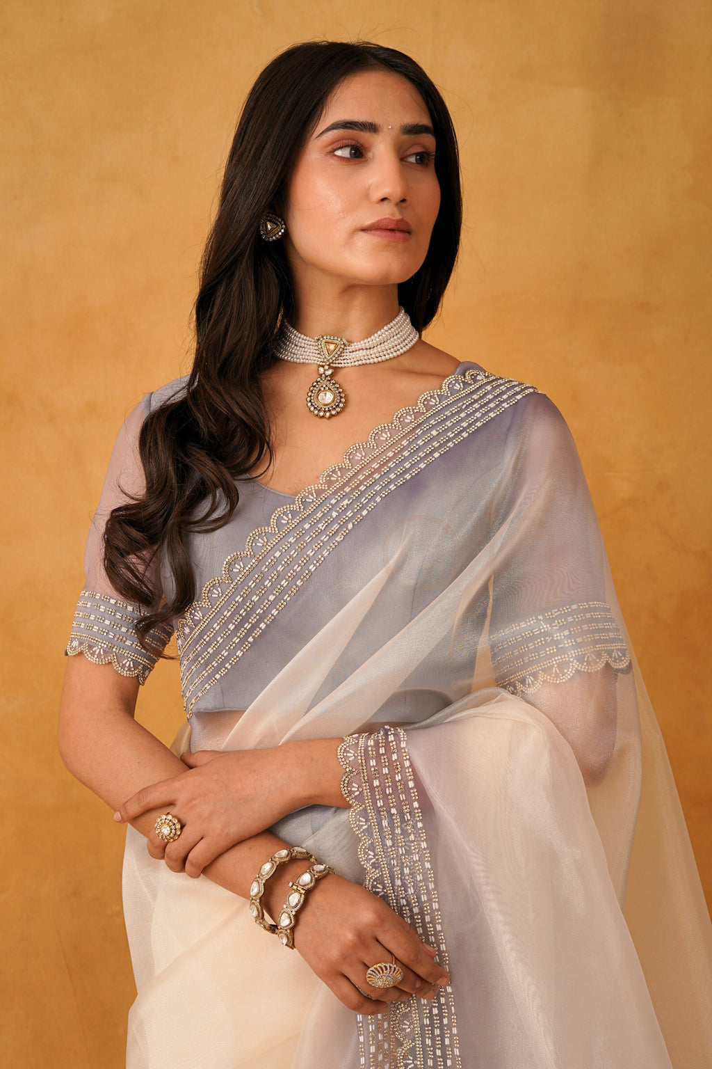 Lavender Ivory Ombre Organza Saree with Sequin & Bead Border