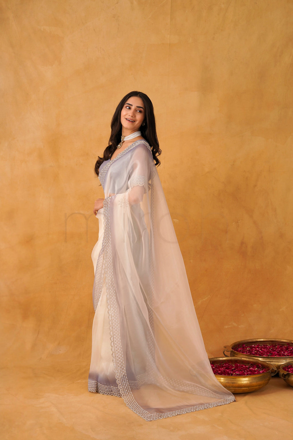 Lavender Ivory Ombre Organza Saree with Sequin & Bead Border