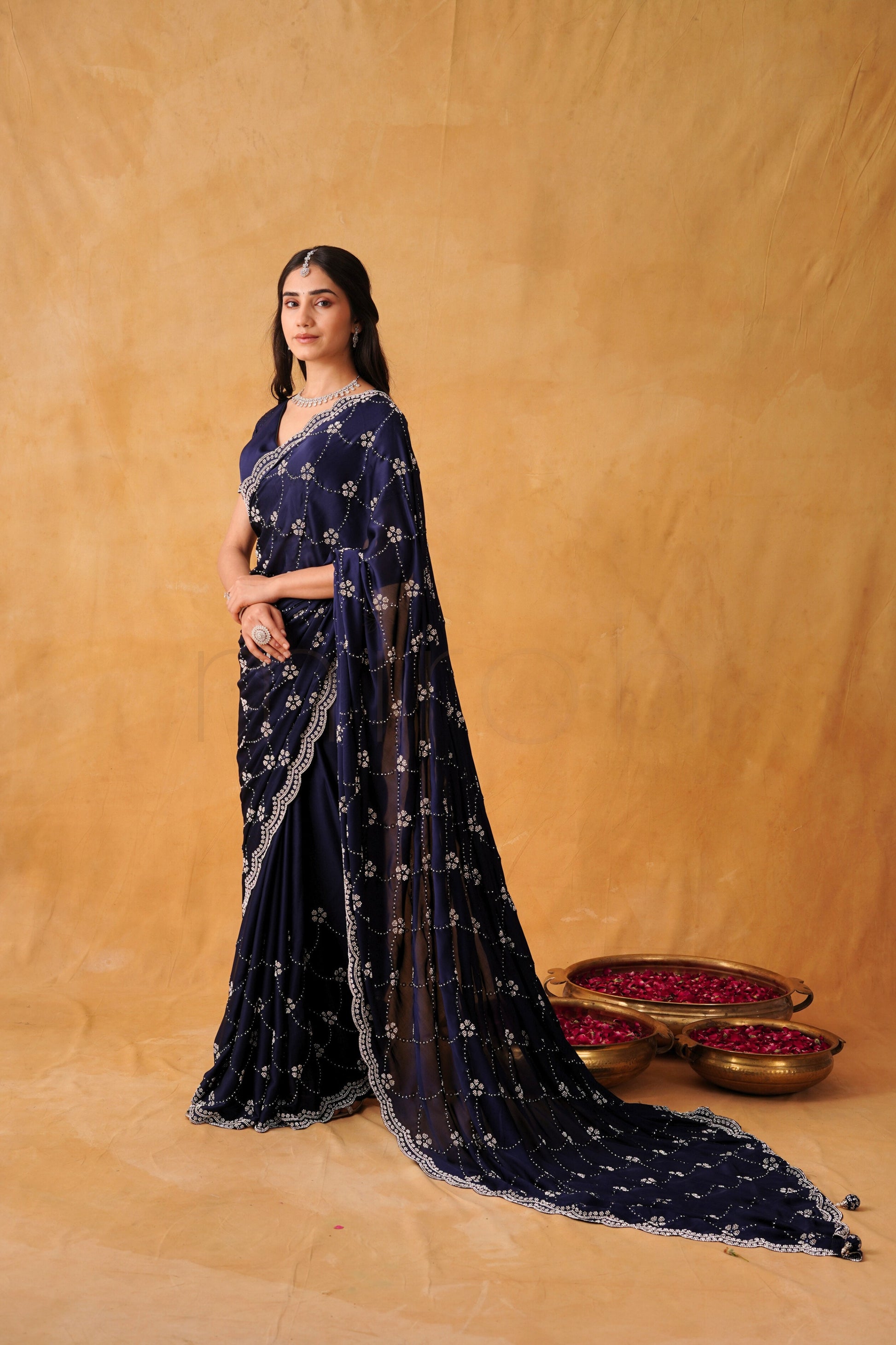 Regal Navy Blue Satin Saree with Majestic Silver Stone Embellishments