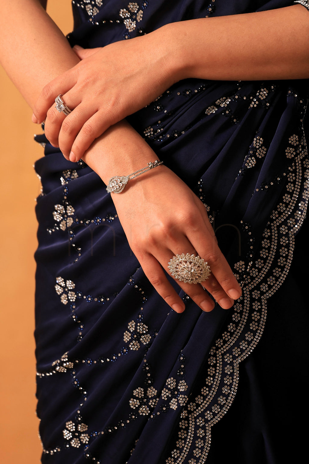 Regal Navy Blue Satin Saree with Majestic Silver Stone Embellishments