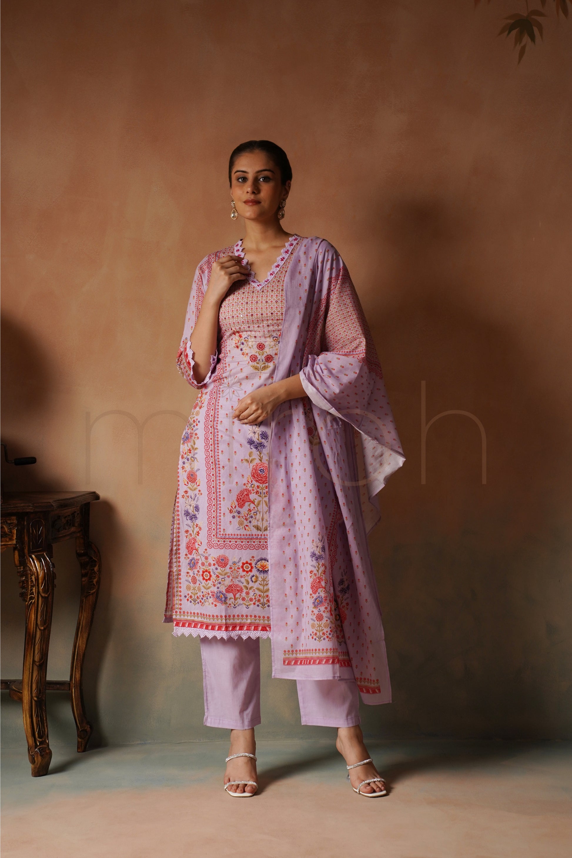 Lavender Bloom Floral Print Cotton Kurta Set