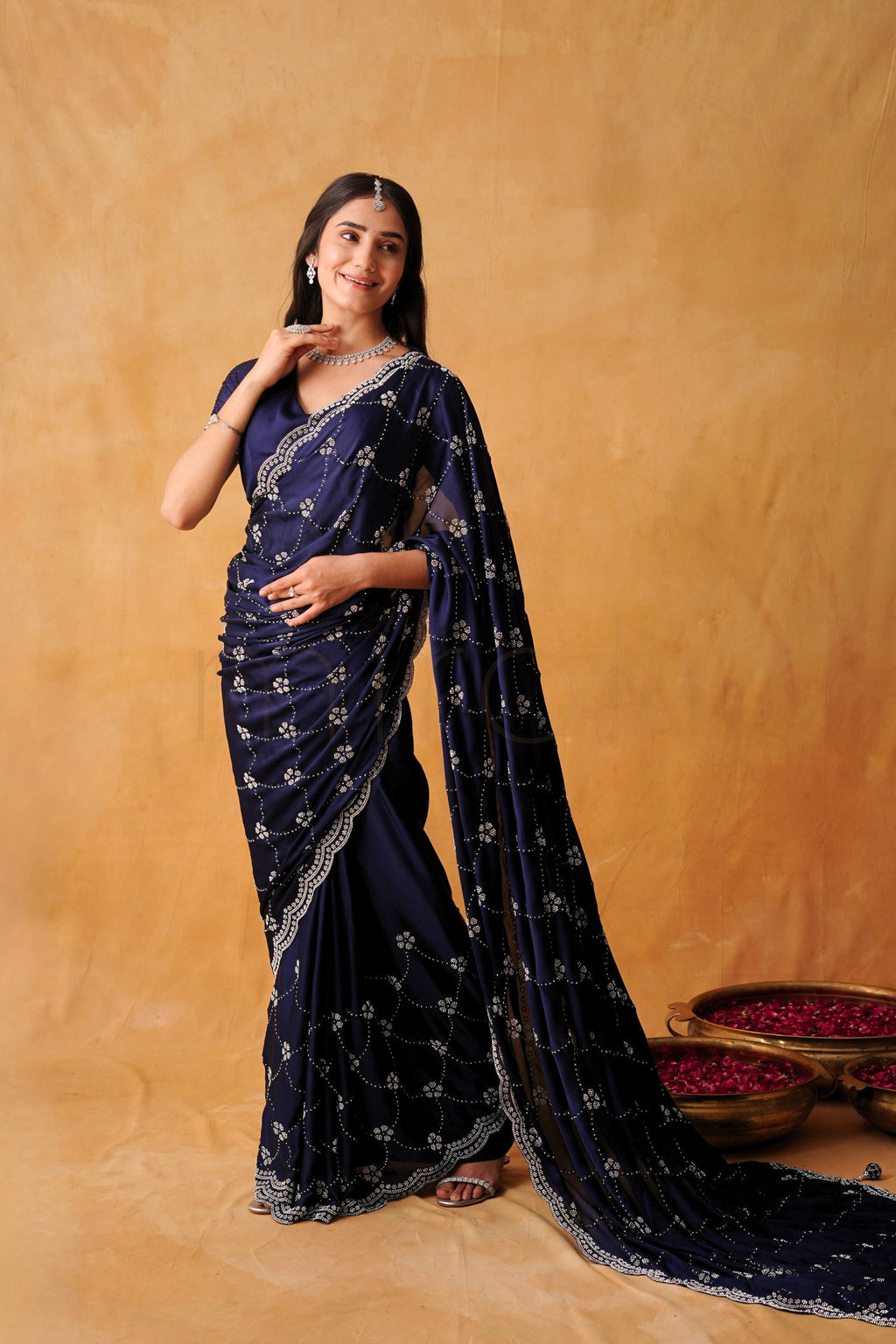 Regal Navy Blue Satin Saree with Majestic Silver Stone Embellishments