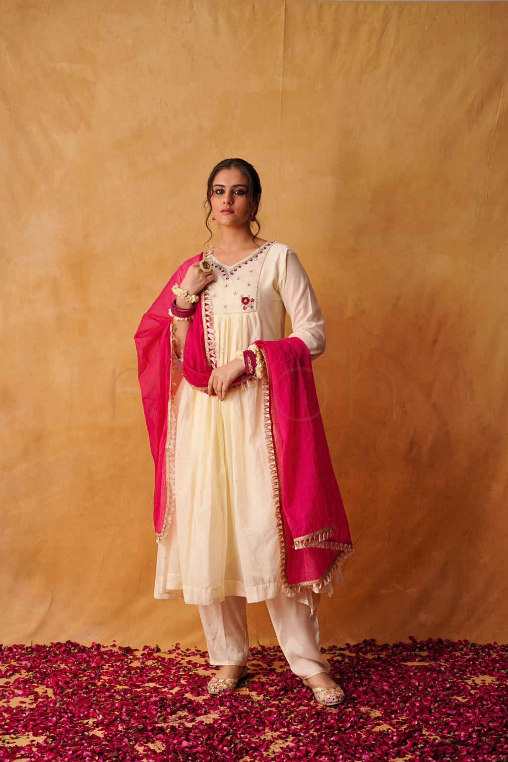 Ivory Mul Chanderi Suit with Rani Pink Dupatta