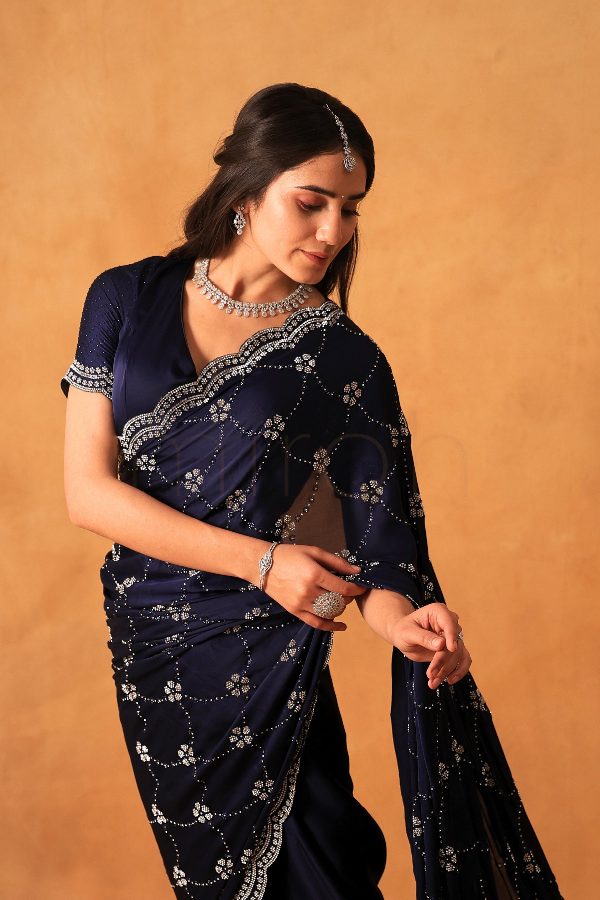 Regal Navy Blue Satin Saree with Majestic Silver Stone Embellishments