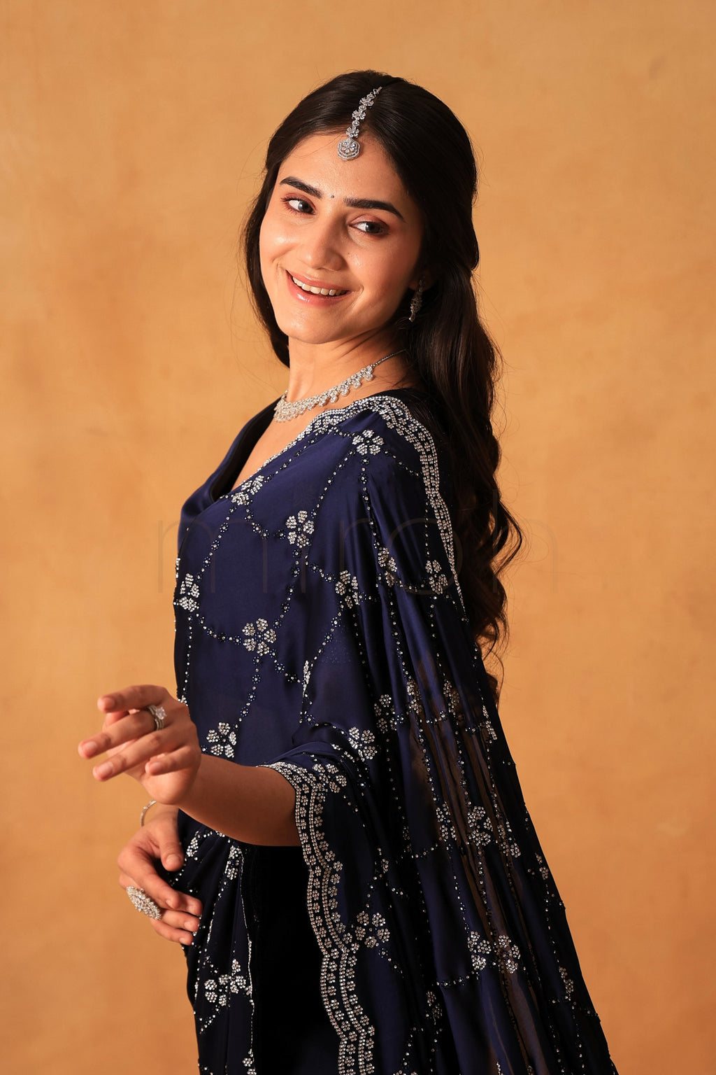 Regal Navy Blue Satin Saree with Majestic Silver Stone Embellishments