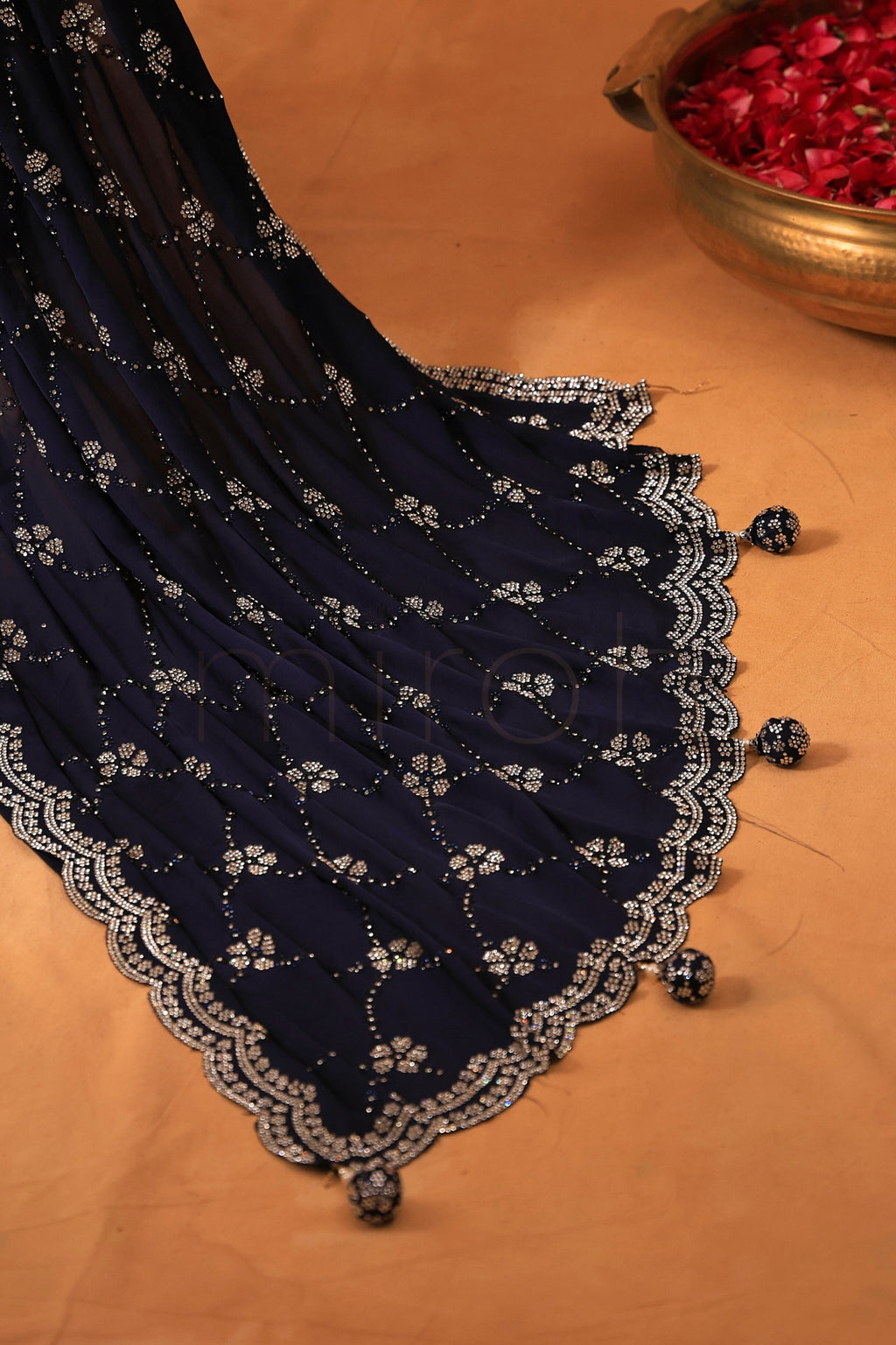 Regal Navy Blue Satin Saree with Majestic Silver Stone Embellishments