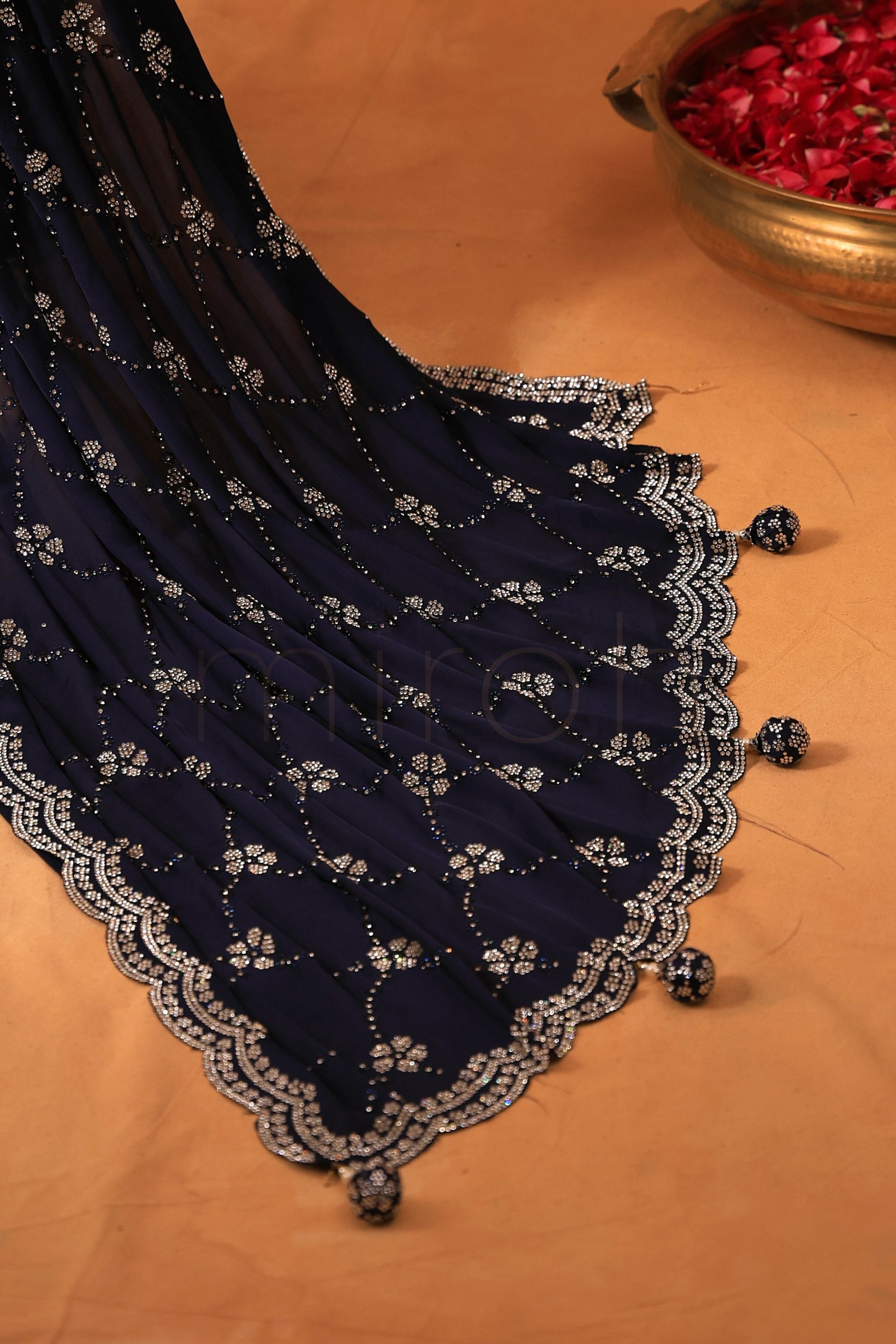 Regal Navy Blue Satin Saree with Majestic Silver Stone Embellishments