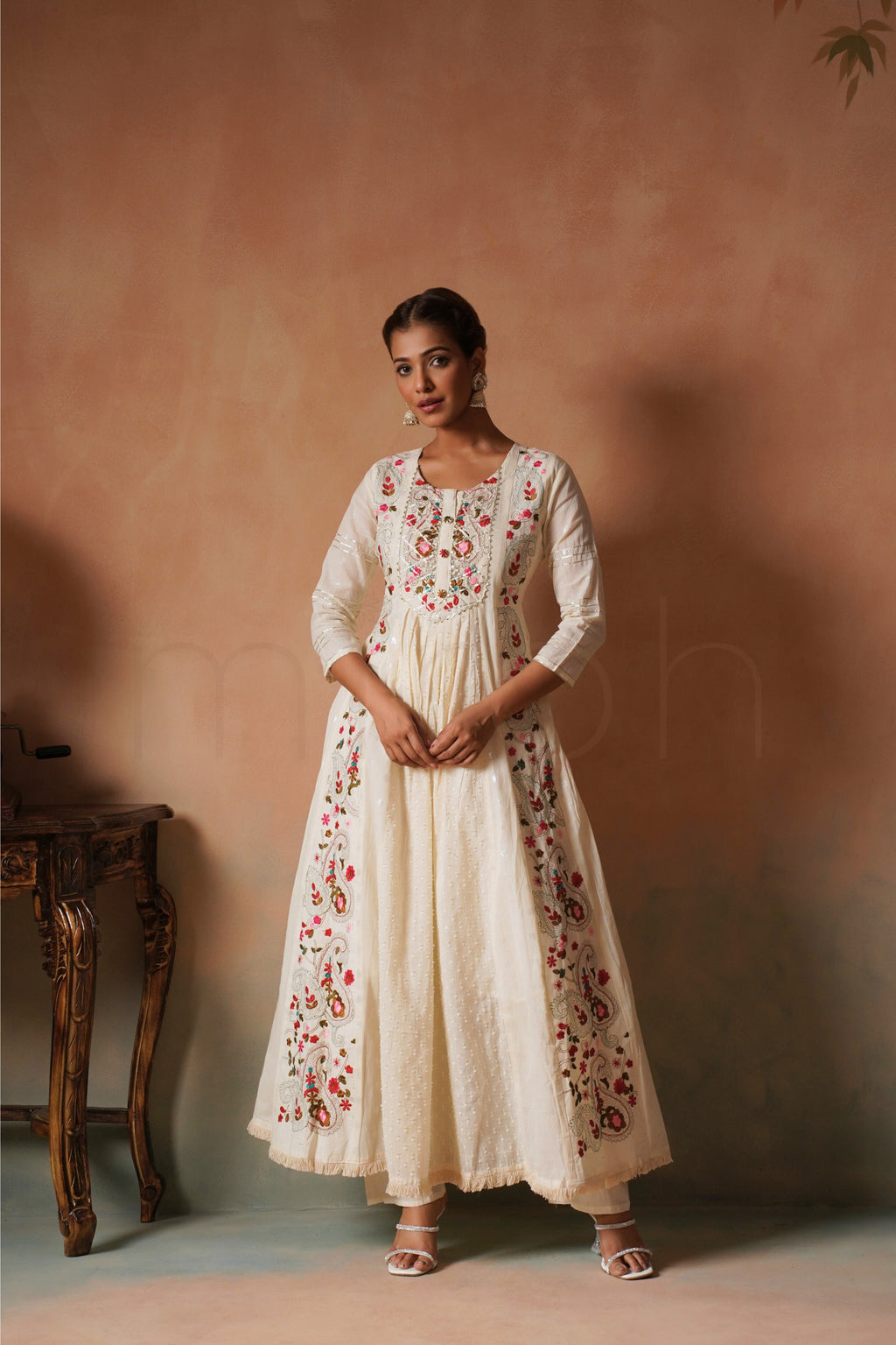 Off-White Embroidered Cotton Anarkali Set