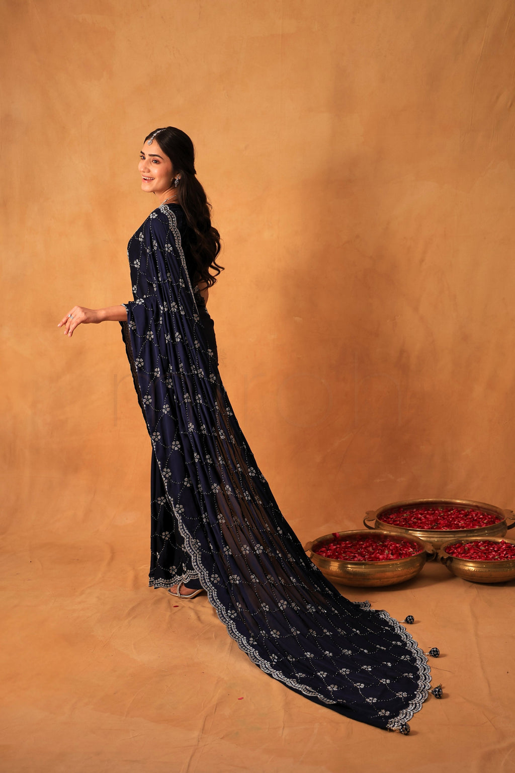 Regal Navy Blue Satin Saree with Majestic Silver Stone Embellishments