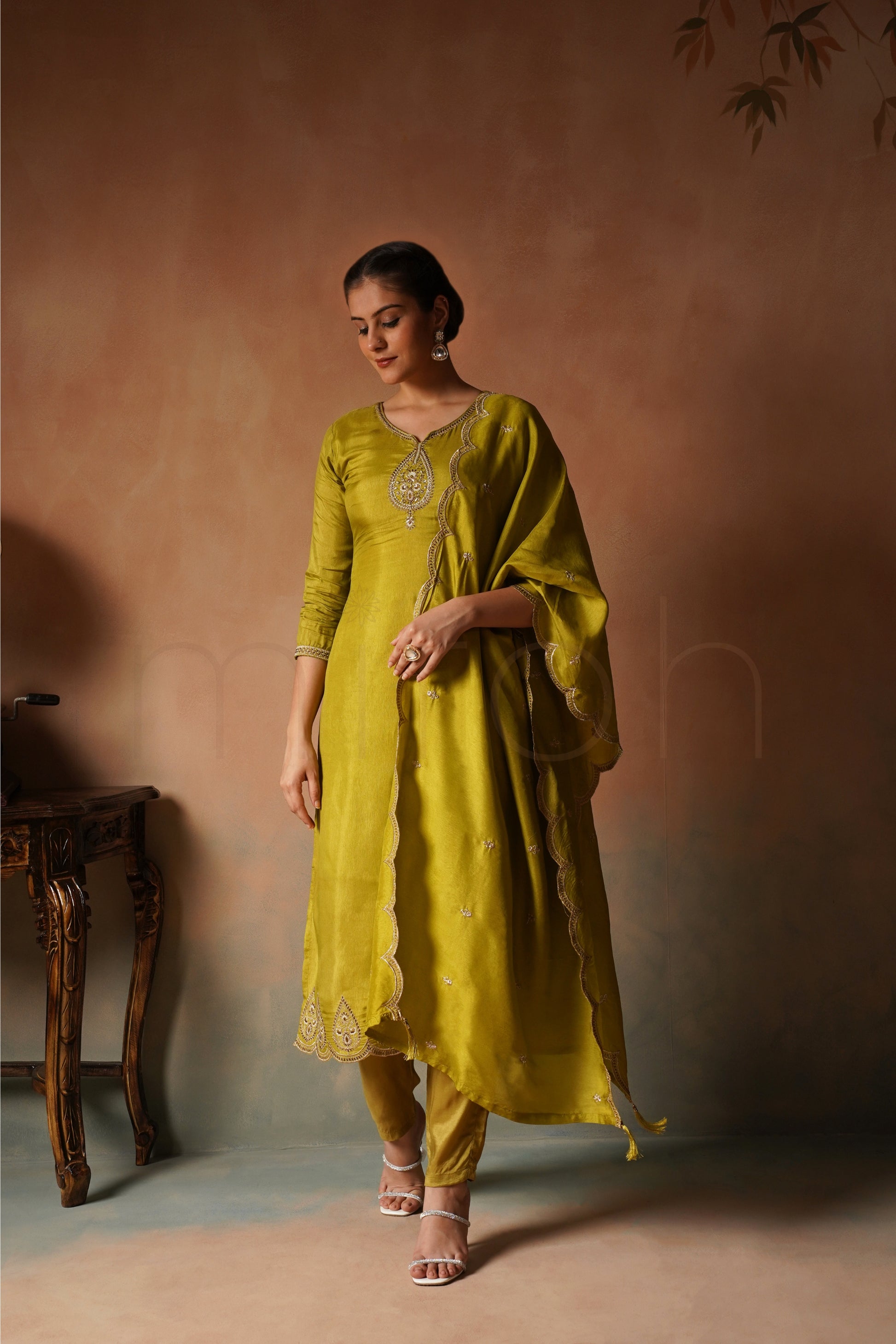 Lime Zari Green Embroidered Suit in Russian Silk