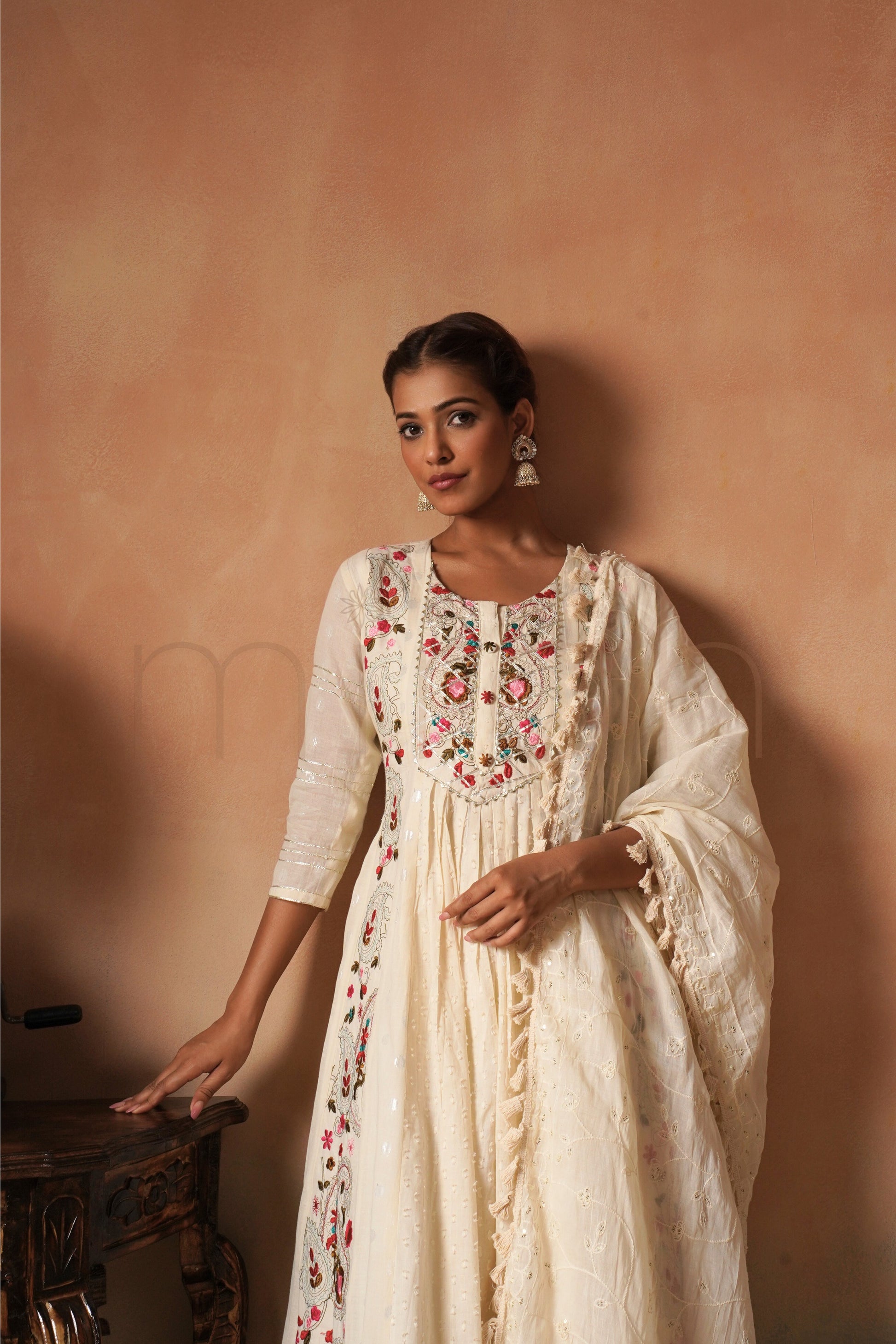 Off-White Embroidered Cotton Anarkali Set