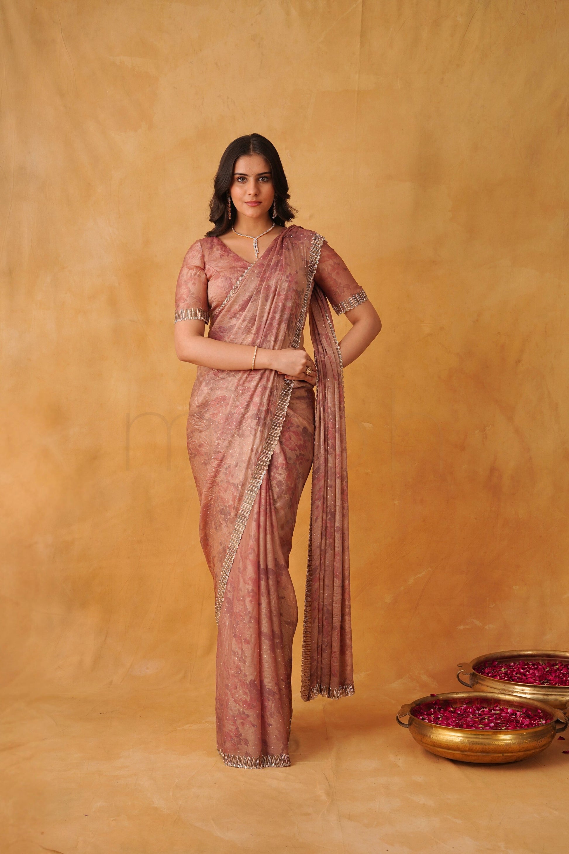 Blush Rose Pink Floral Printed Saree