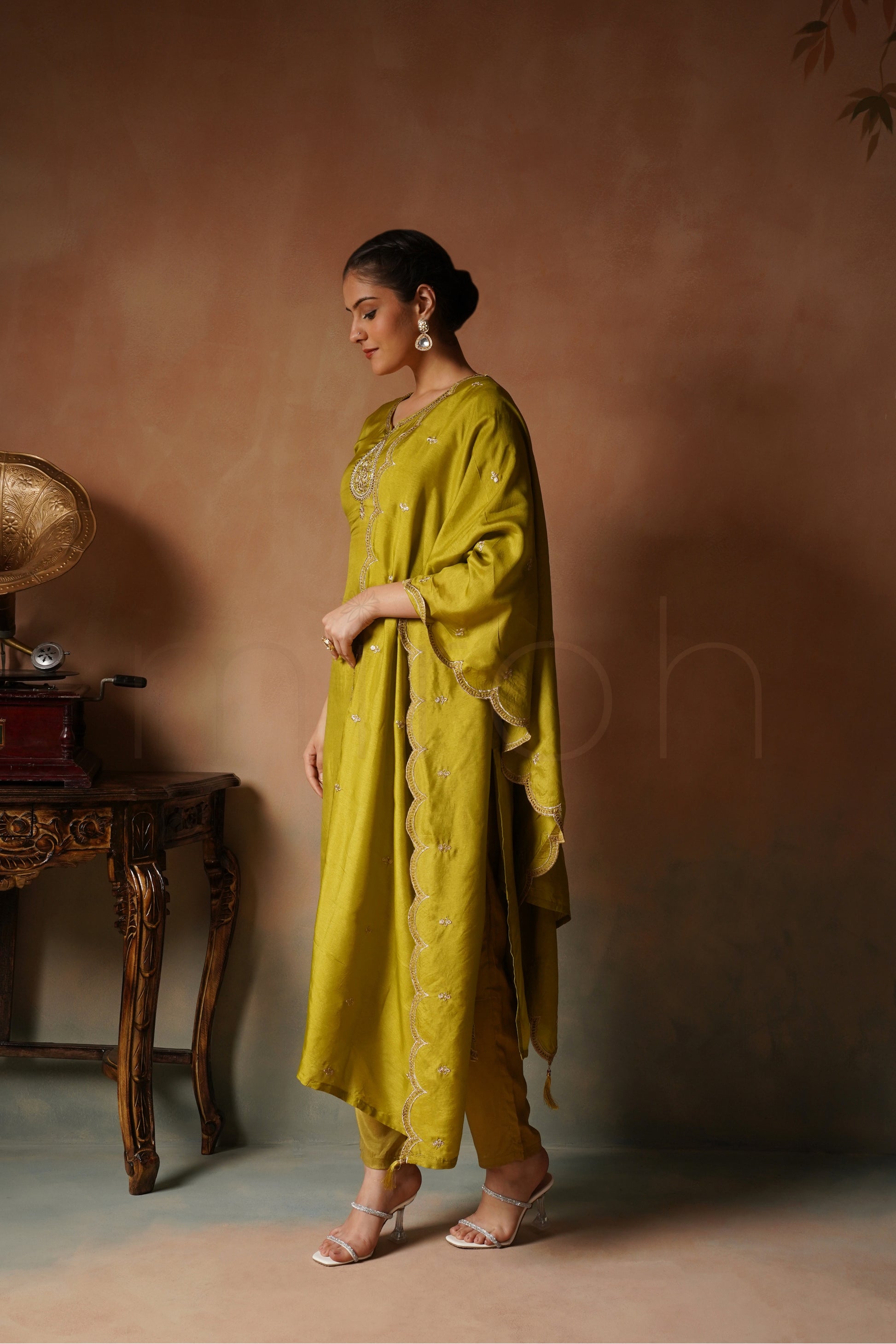 Lime Zari Green Embroidered Suit in Russian Silk