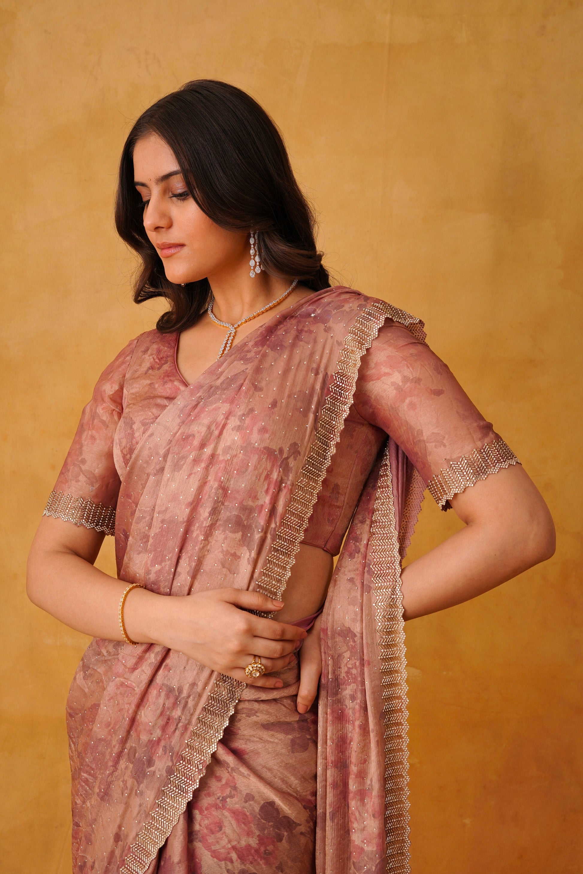 Blush Rose Pink Floral Printed Saree