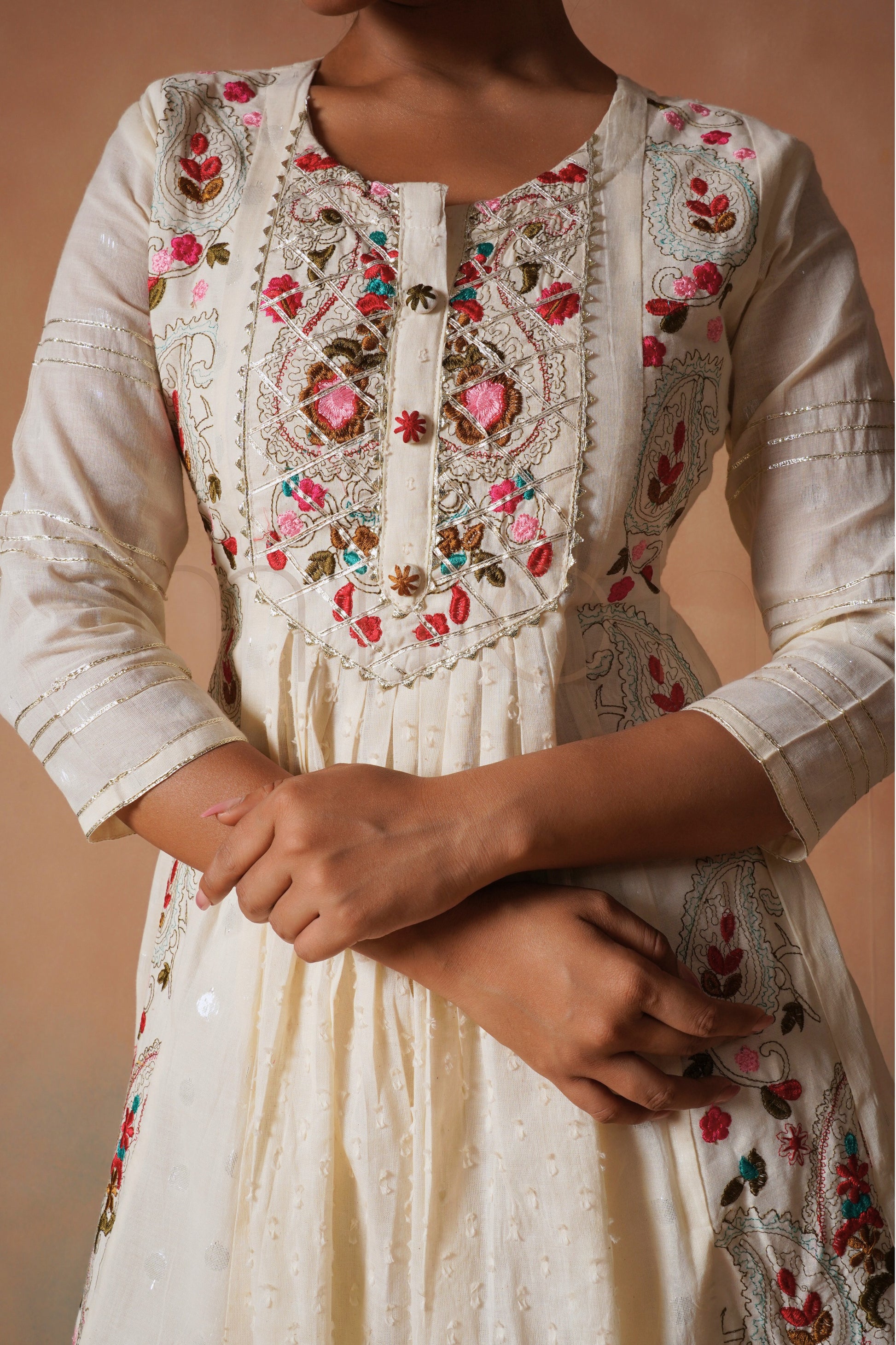 Off-White Embroidered Cotton Anarkali Set