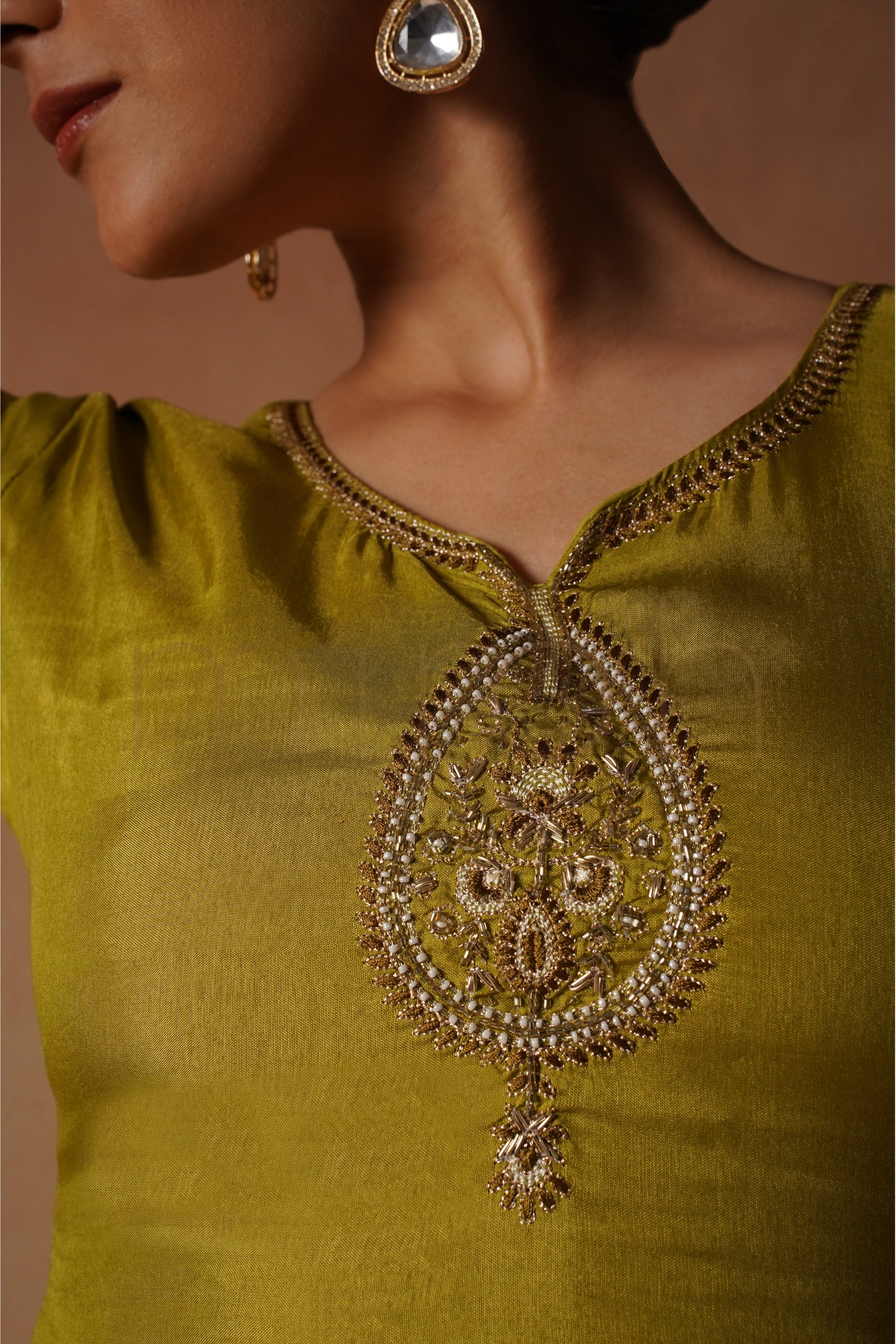 Lime Zari Green Embroidered Suit in Russian Silk