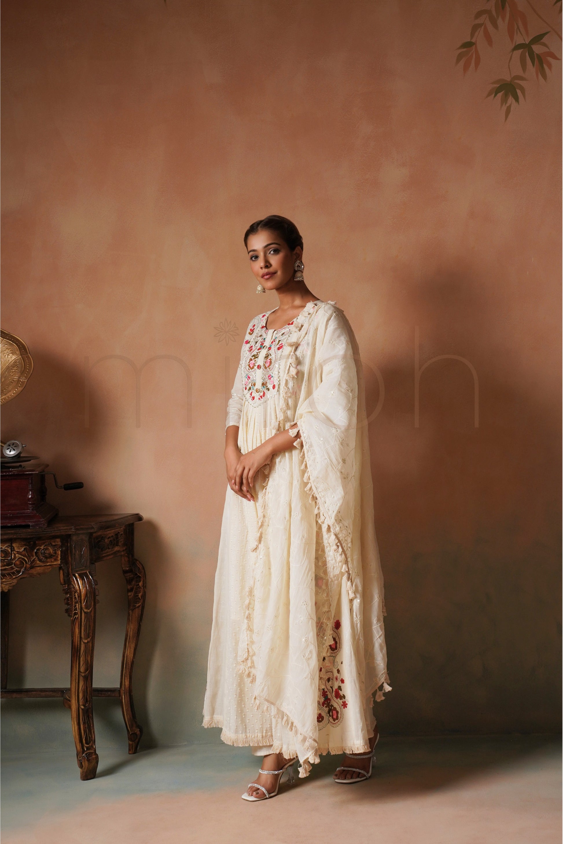 Off-White Embroidered Cotton Anarkali Set