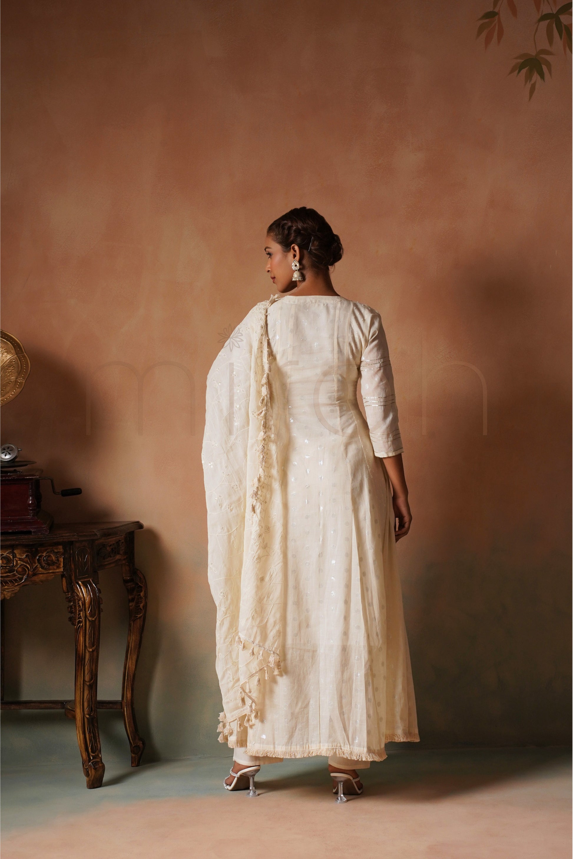 Off-White Embroidered Cotton Anarkali Set