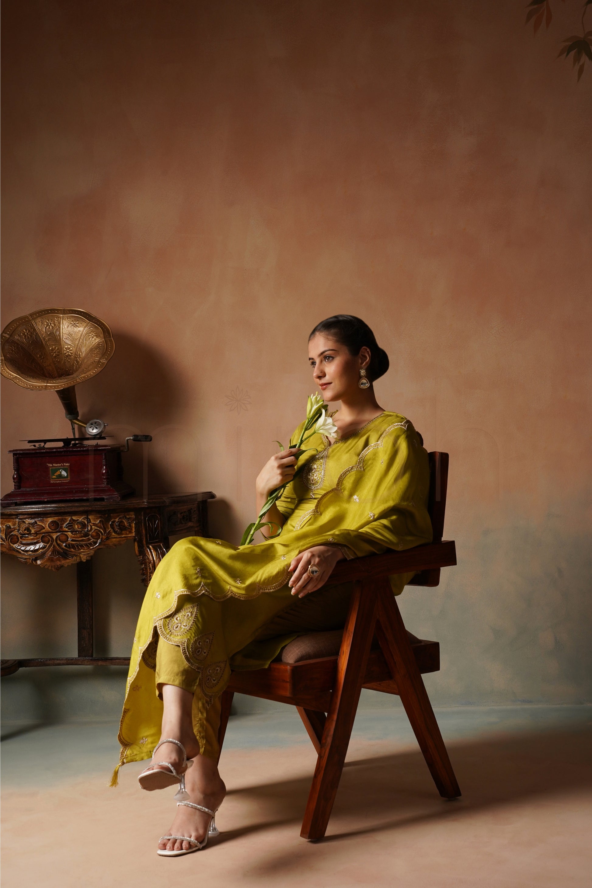 Lime Zari Green Embroidered Suit in Russian Silk