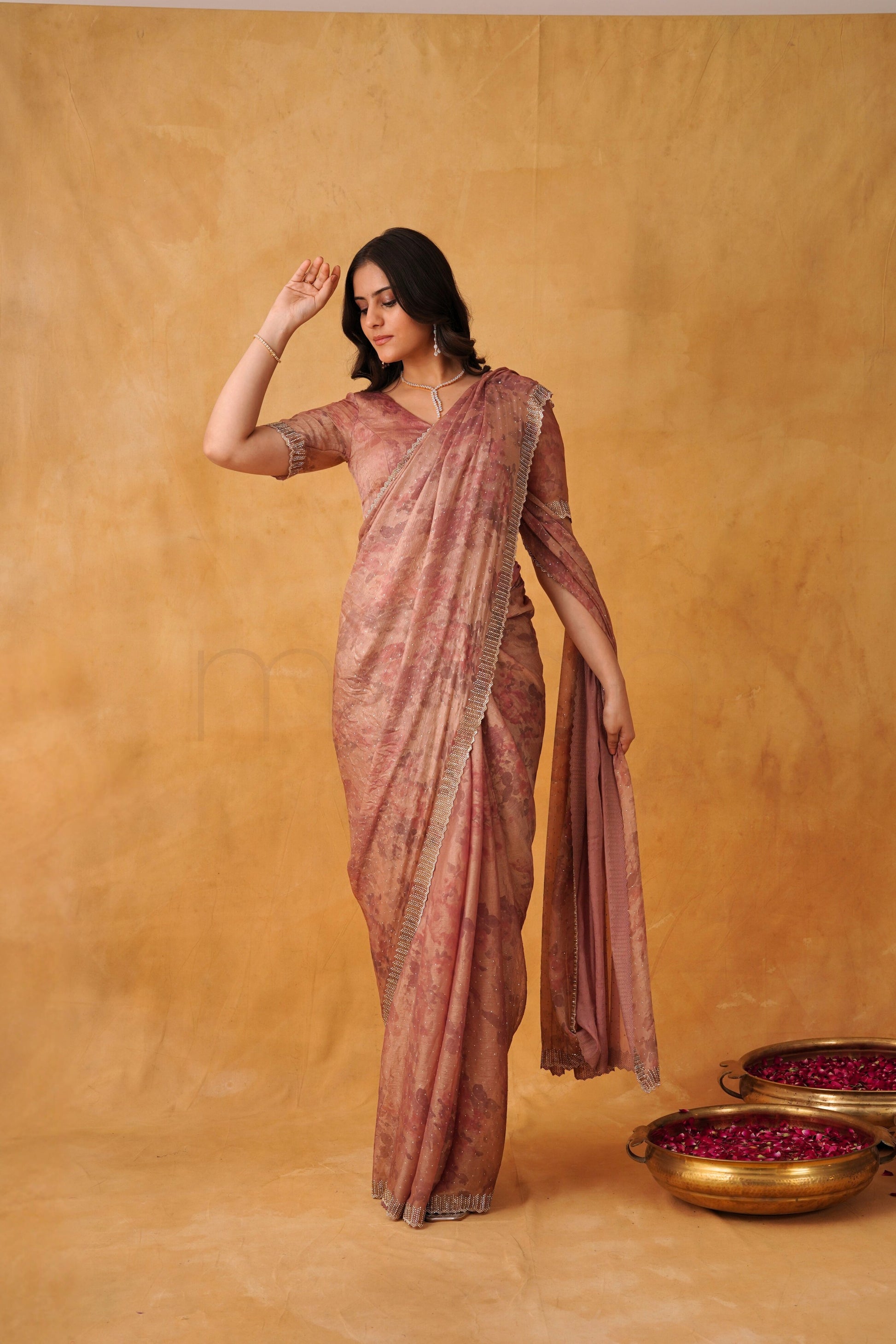 Blush Rose Pink Floral Printed Saree