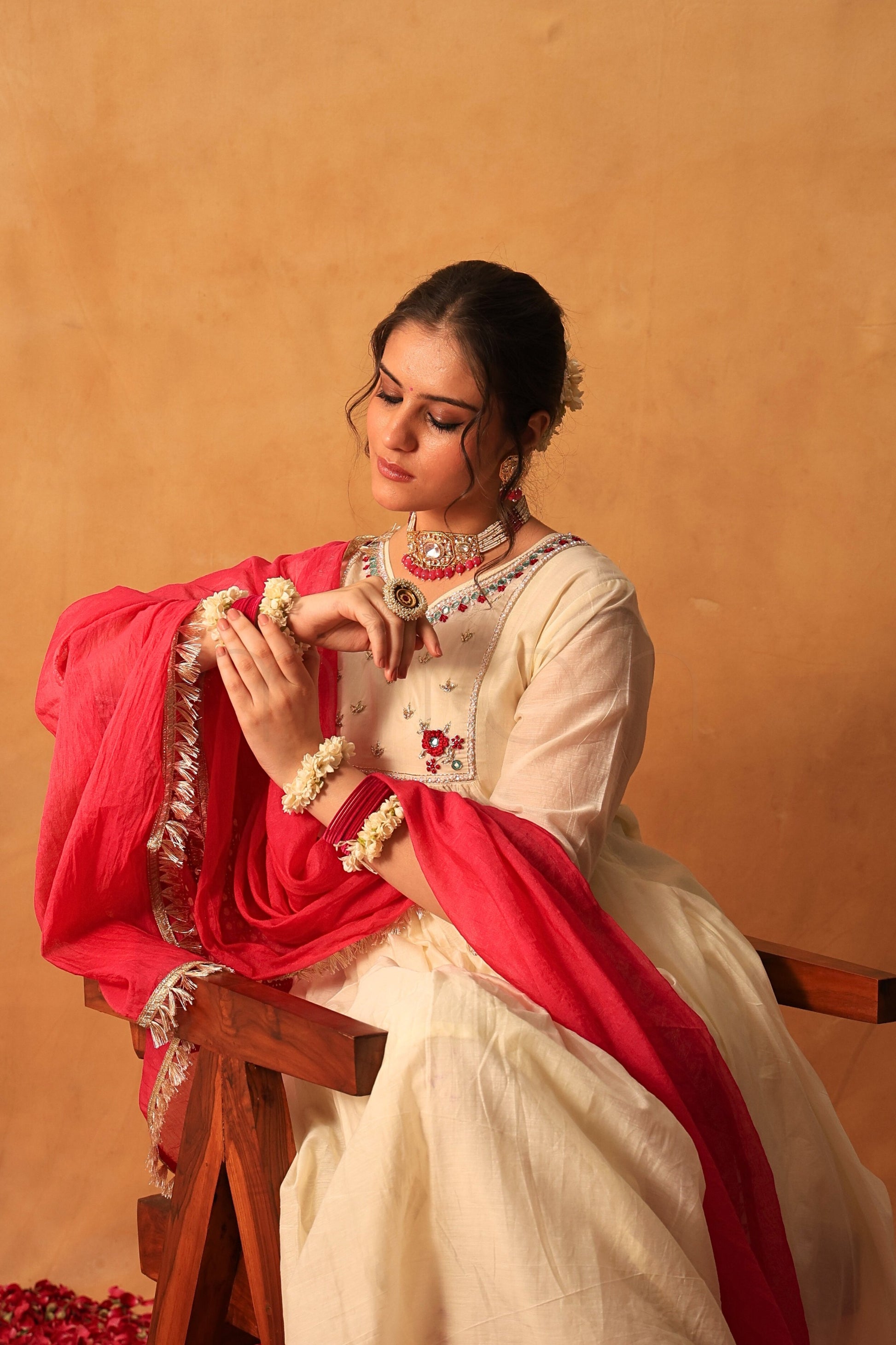 Ivory Mul Chanderi Suit with Rani Pink Dupatta