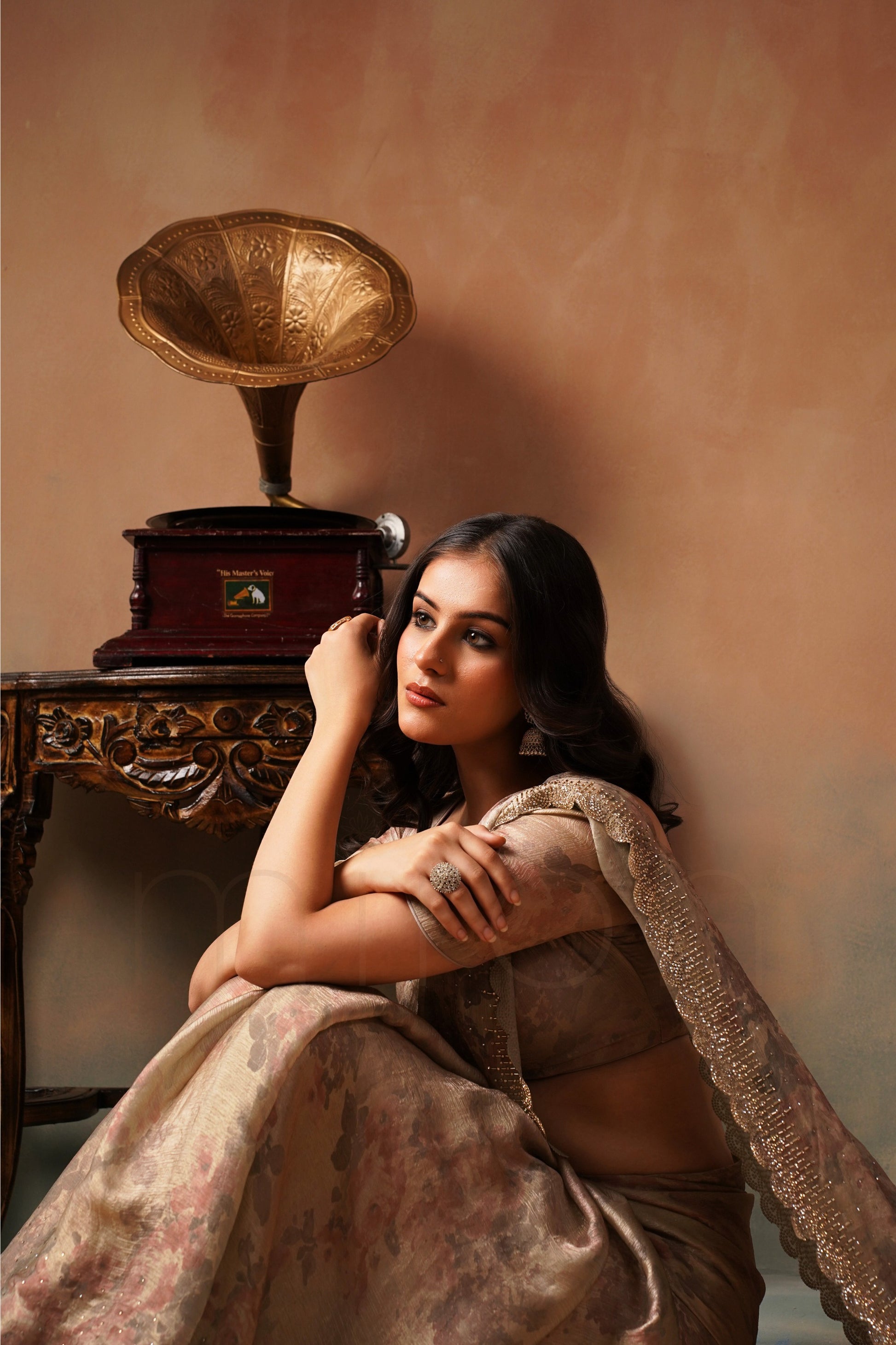 Muted Beige Bloom Floral Print Saree