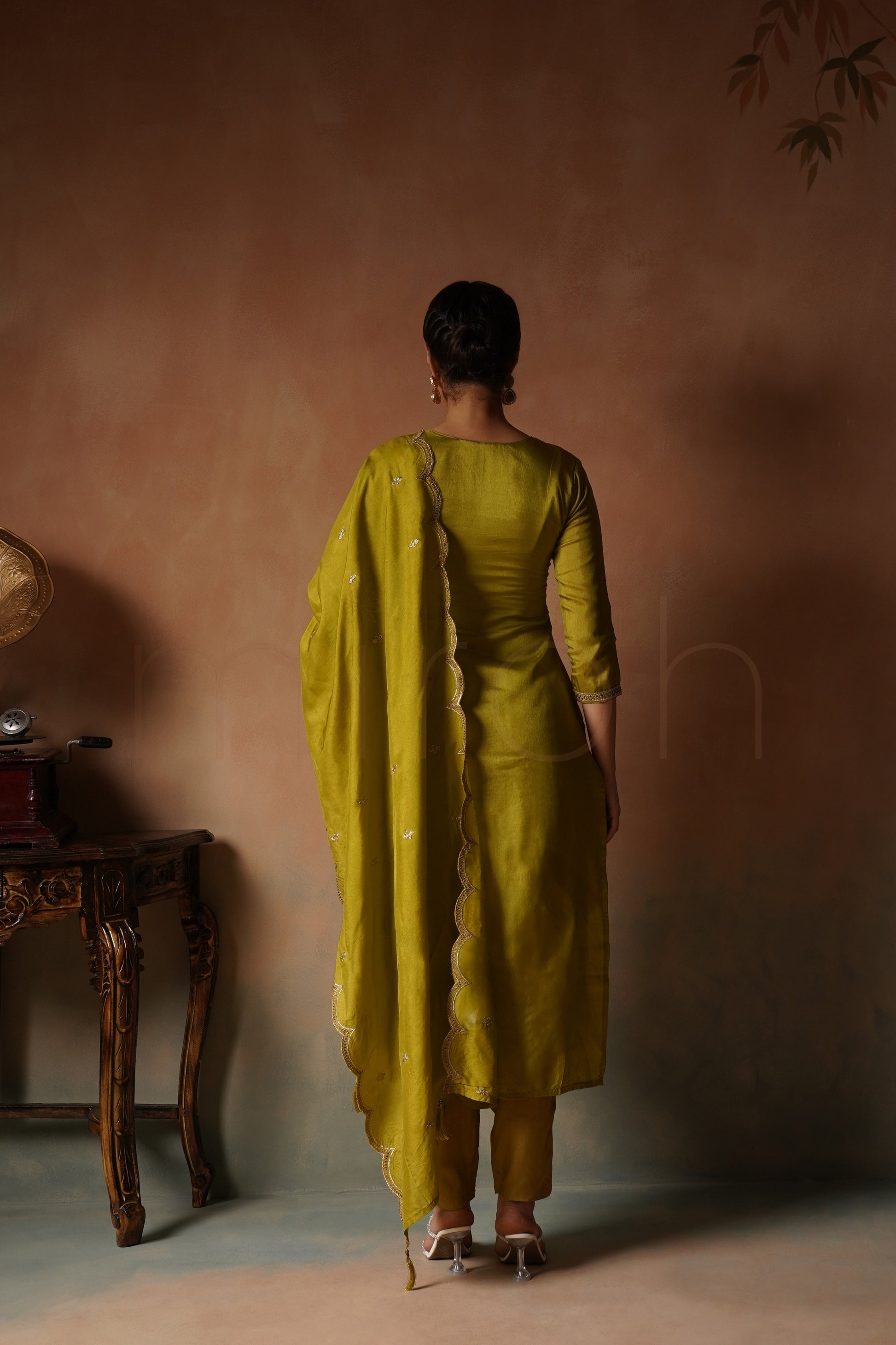 Lime Zari Green Embroidered Suit in Russian Silk