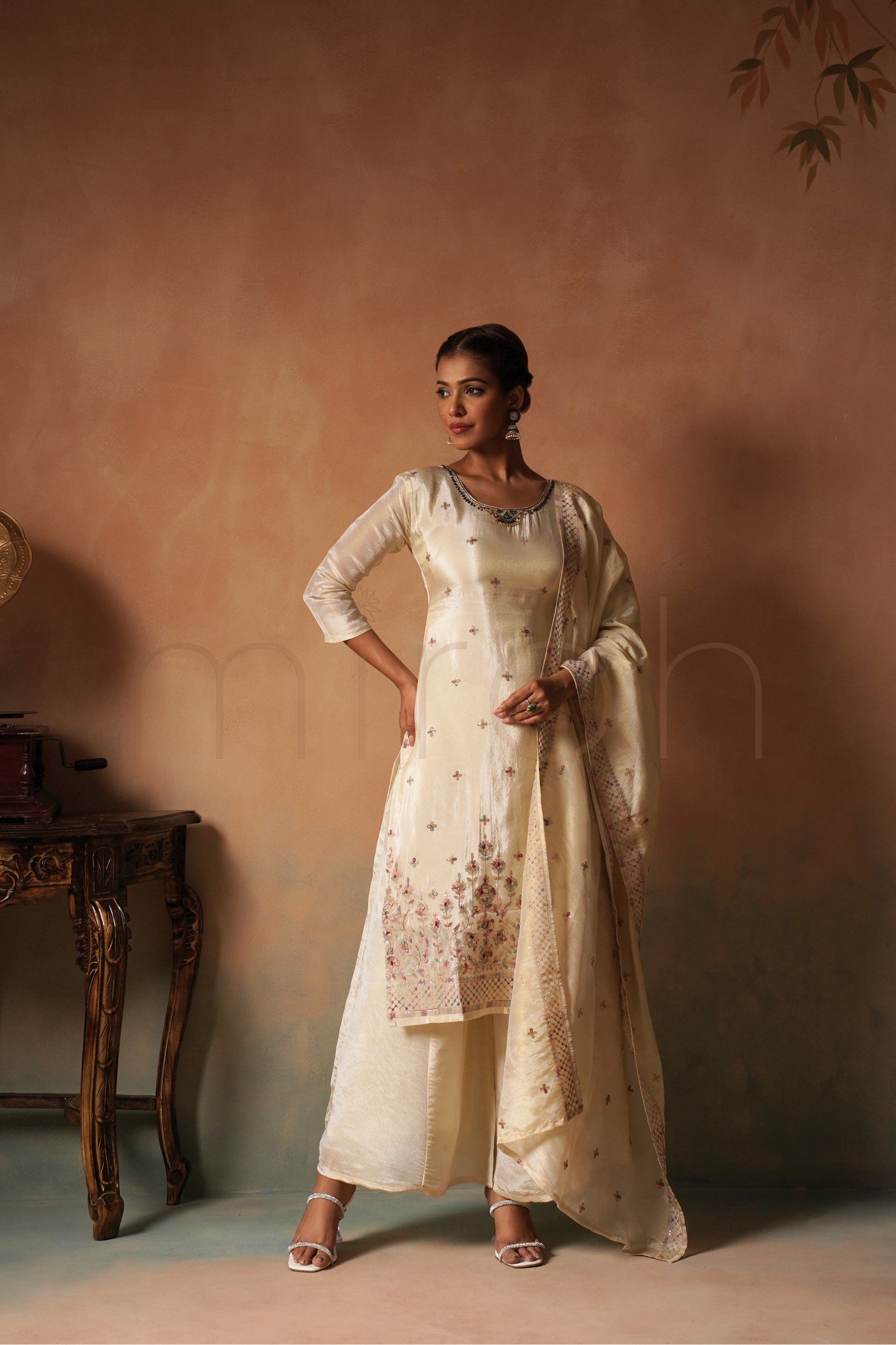 Off-White Shimmer Embroidered Suit Set