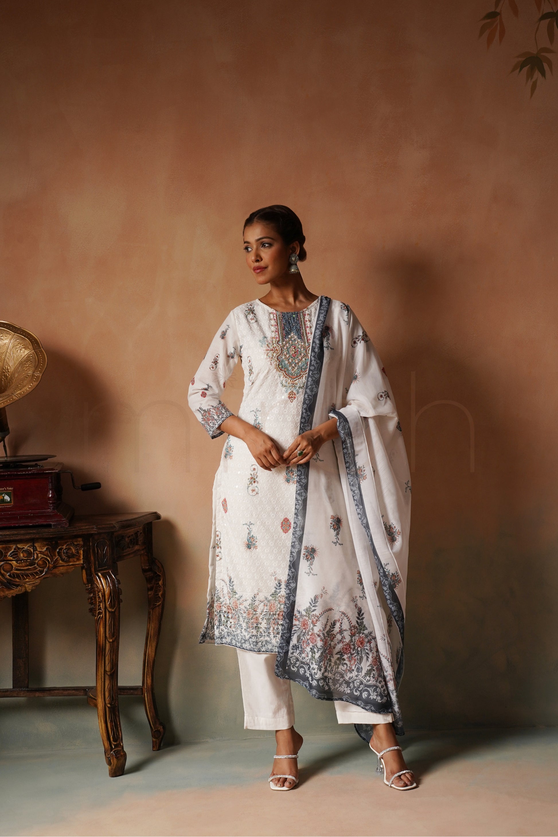 White Schiffli Cotton Suit with Printed Muslin Dupatta
