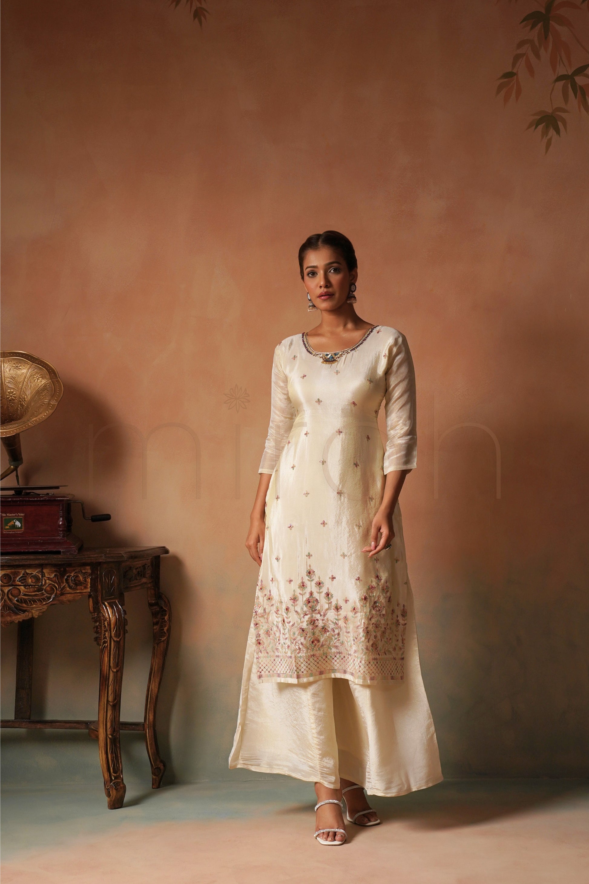 Off-White Shimmer Embroidered Suit Set