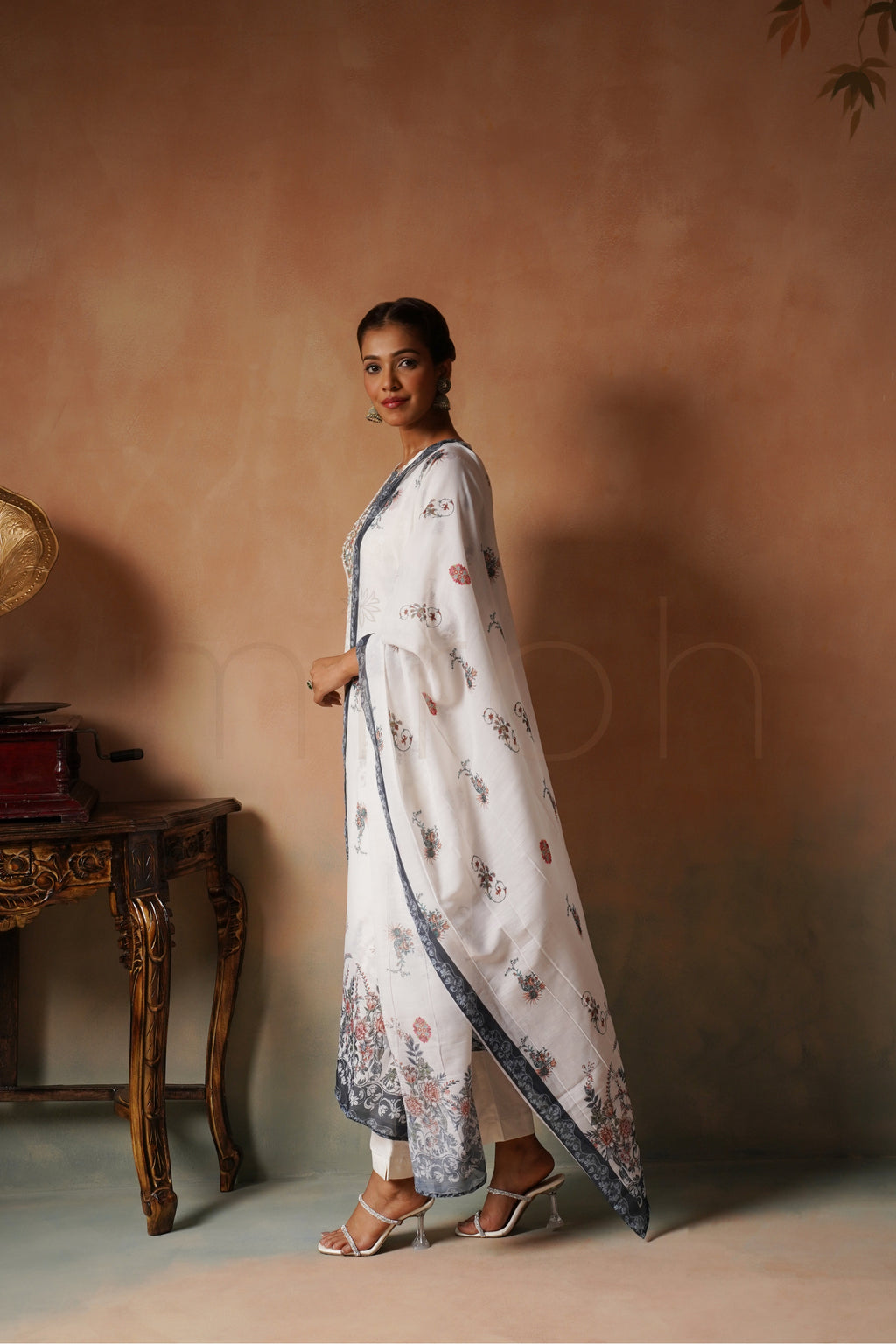 White Schiffli Cotton Suit with Printed Muslin Dupatta