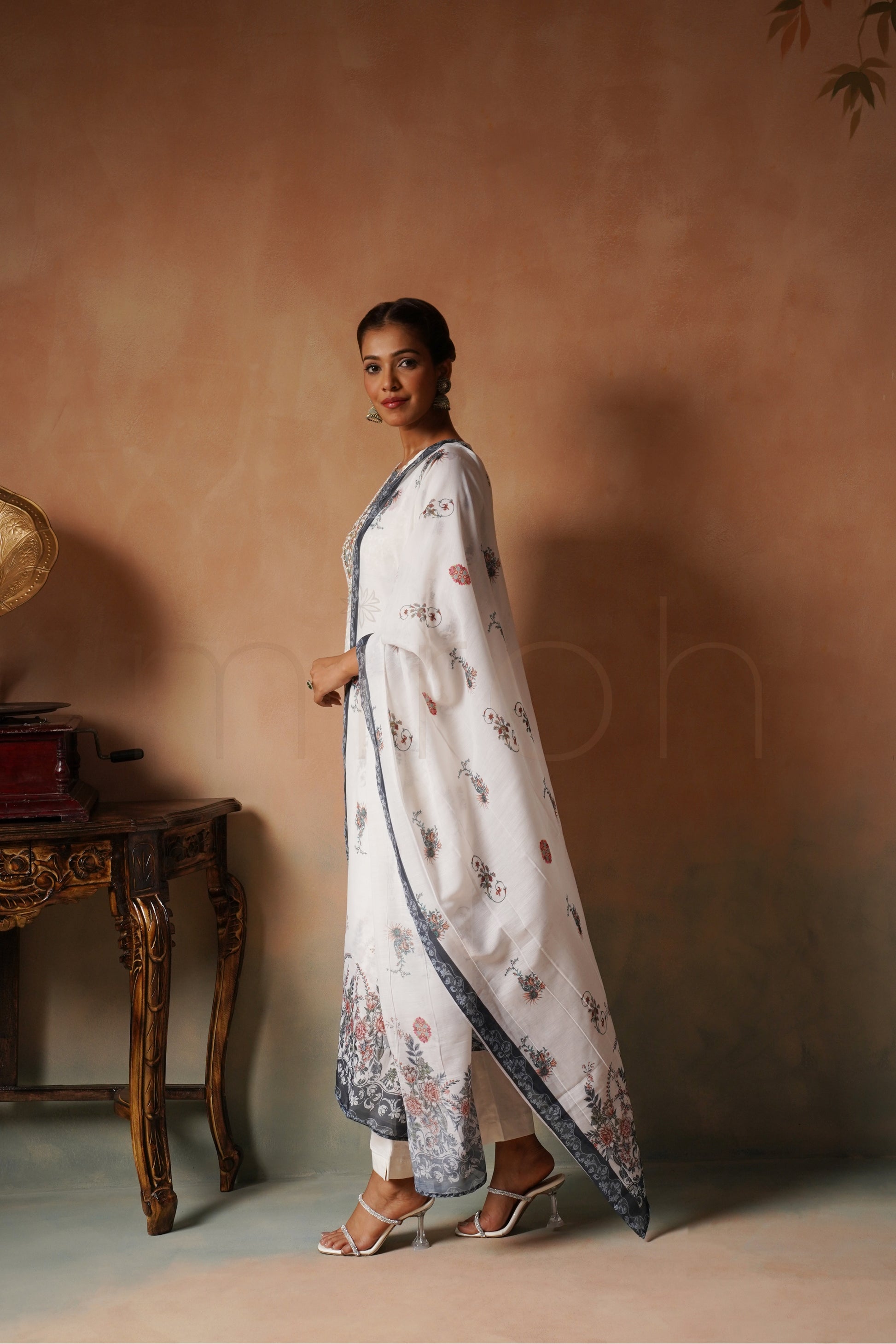 White Schiffli Cotton Suit with Printed Muslin Dupatta