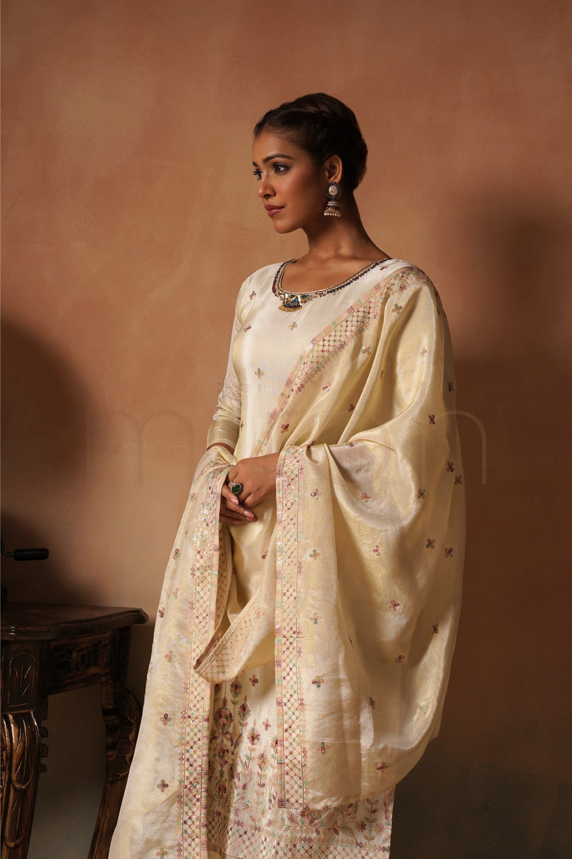 Off-White Shimmer Embroidered Suit Set