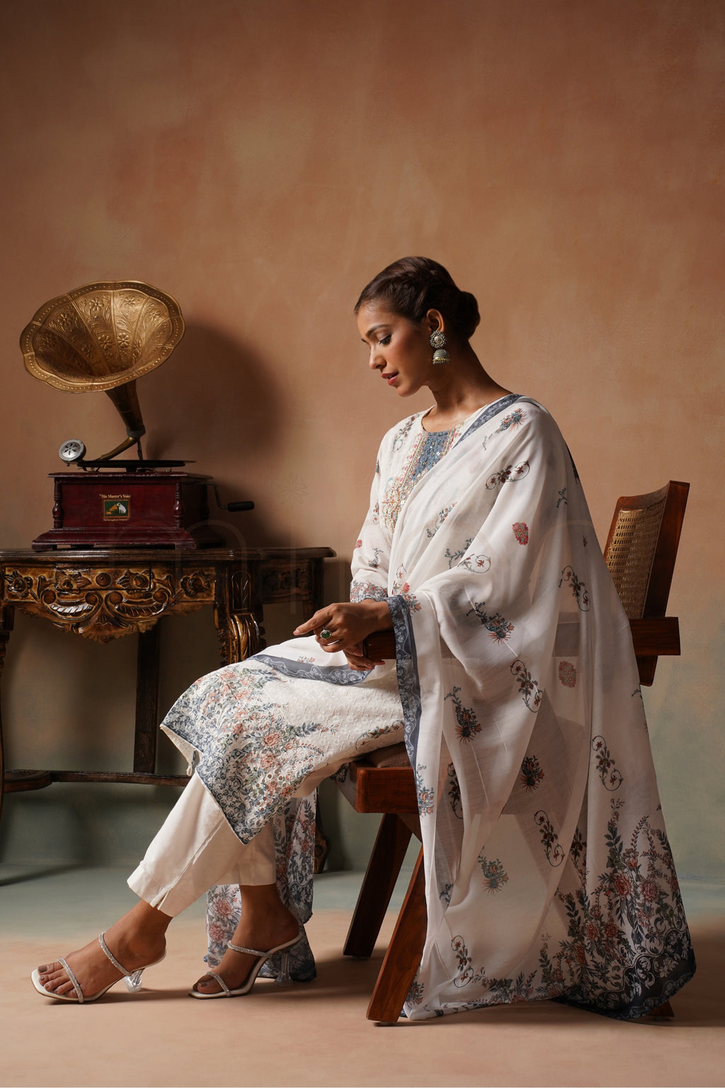 White Schiffli Cotton Suit with Printed Muslin Dupatta