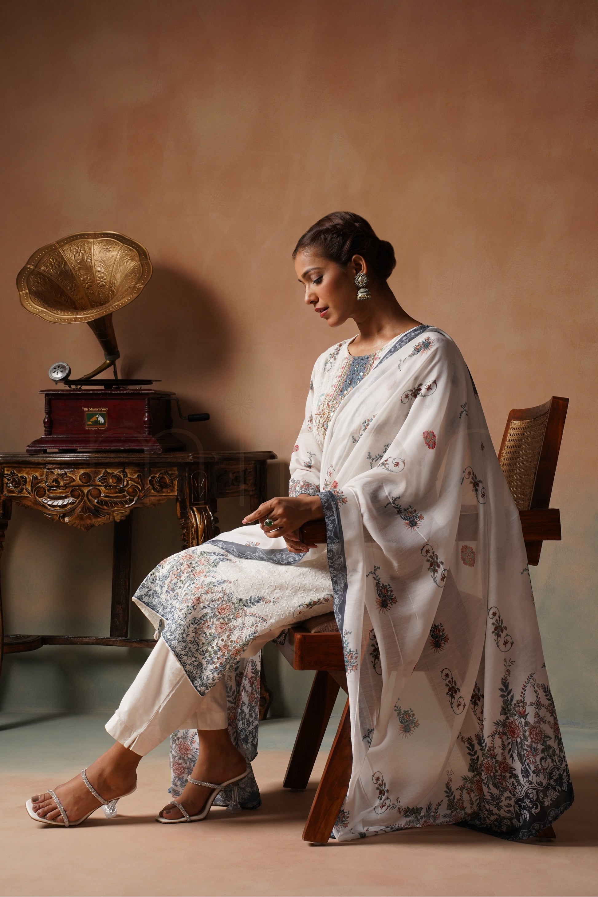 White Schiffli Cotton Suit with Printed Muslin Dupatta