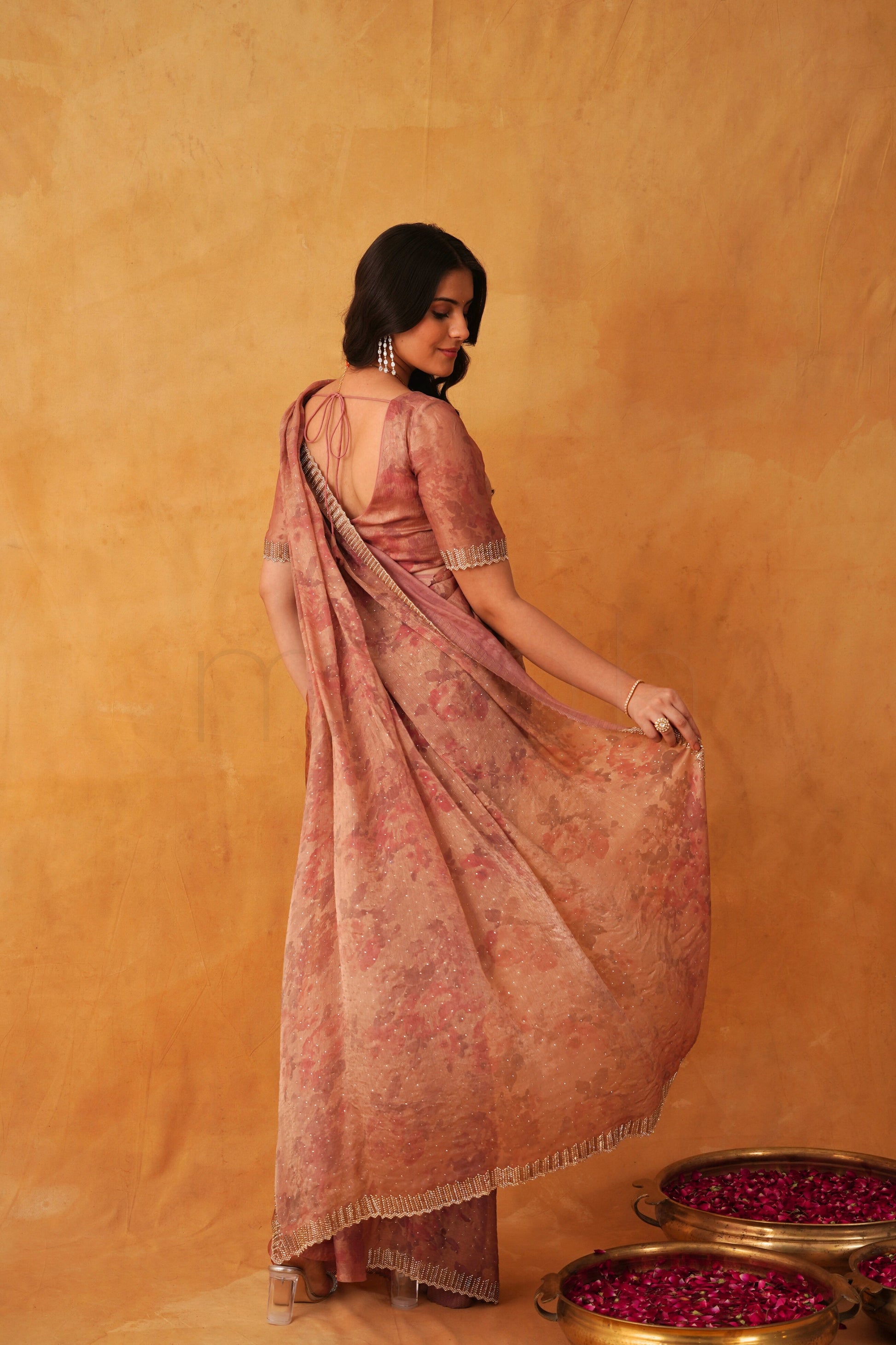 Blush Rose Pink Floral Printed Saree