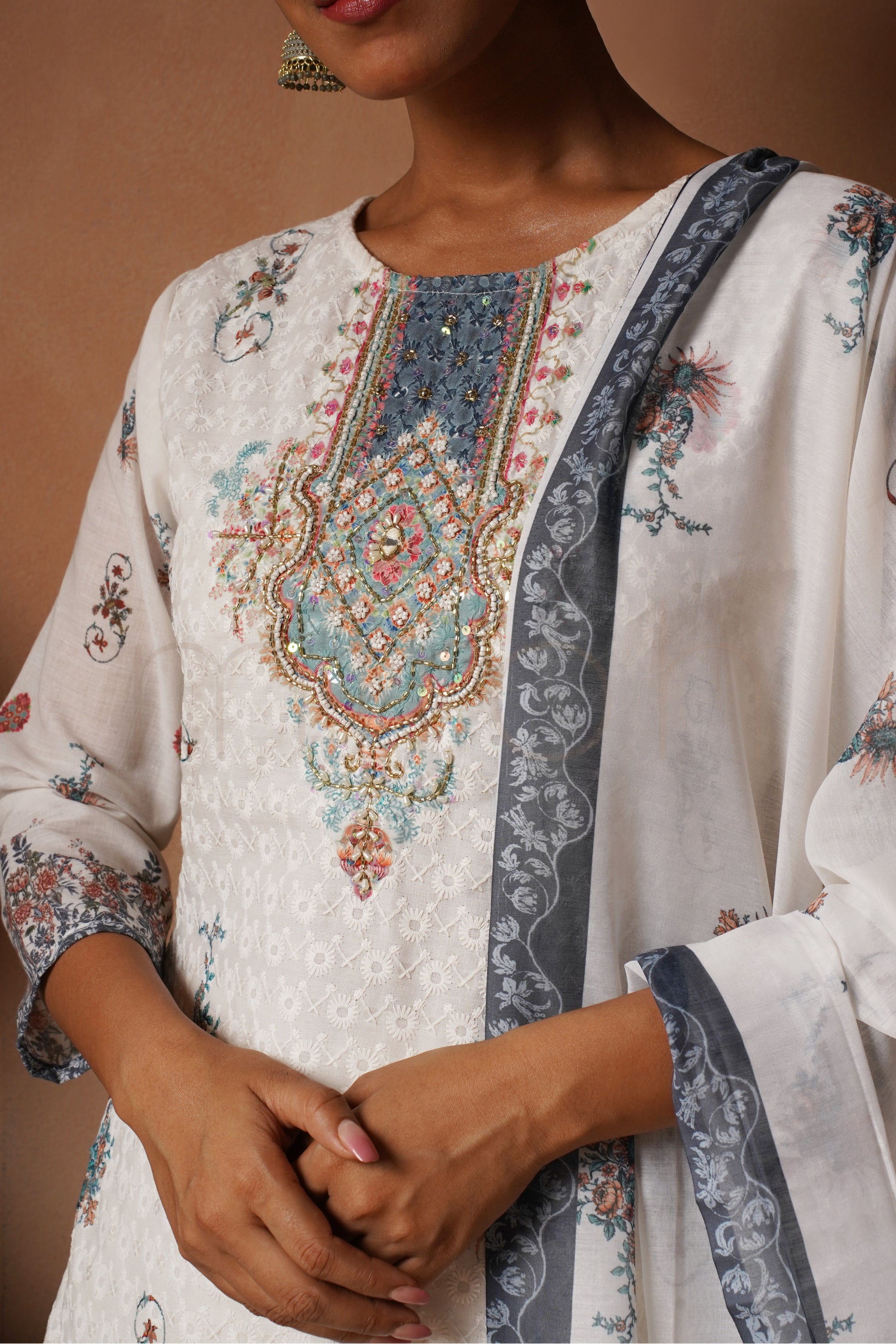 White Schiffli Cotton Suit with Printed Muslin Dupatta