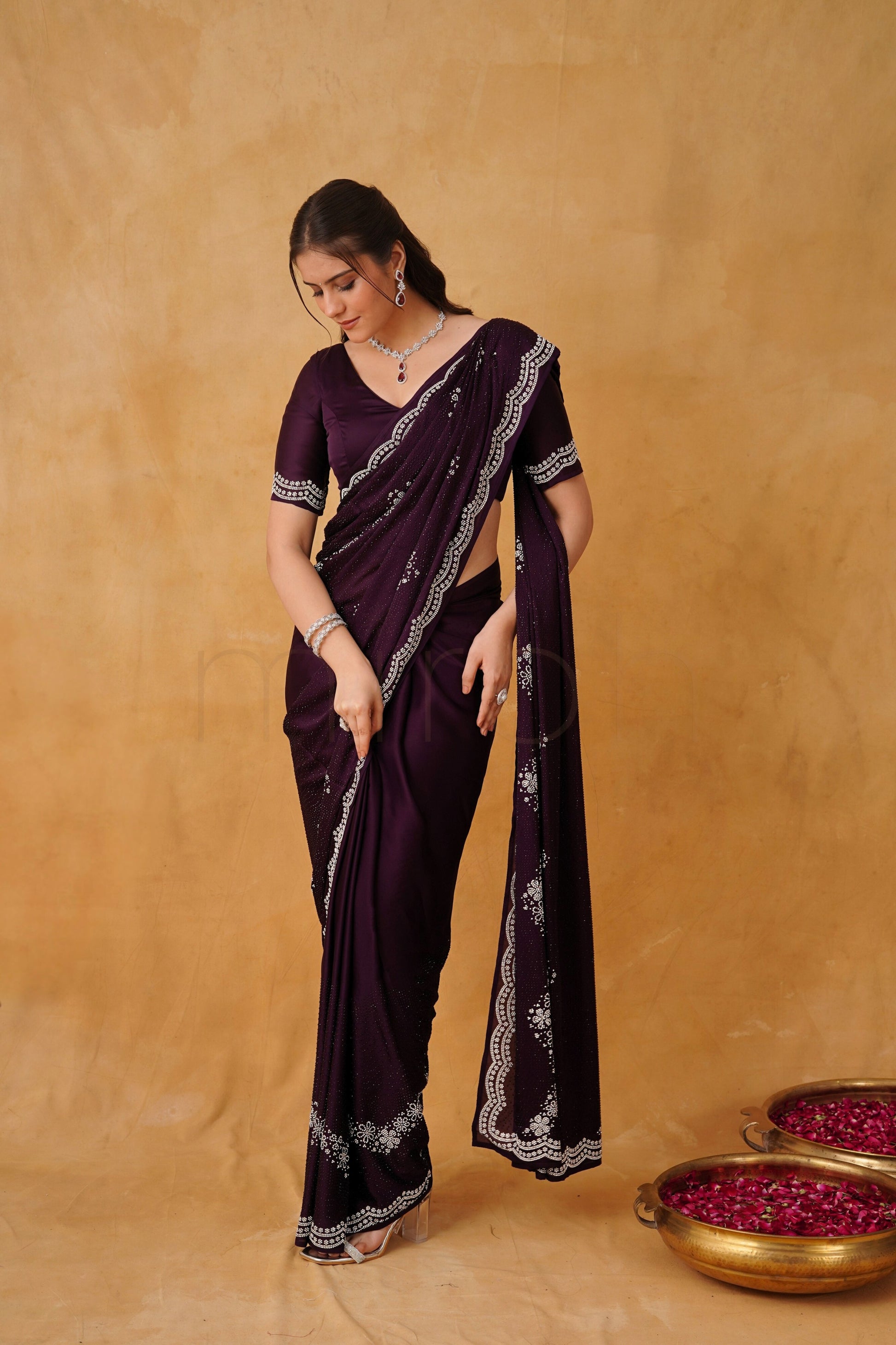 Royal Deep Purple Satin Saree with Dual-Tone Stonework
