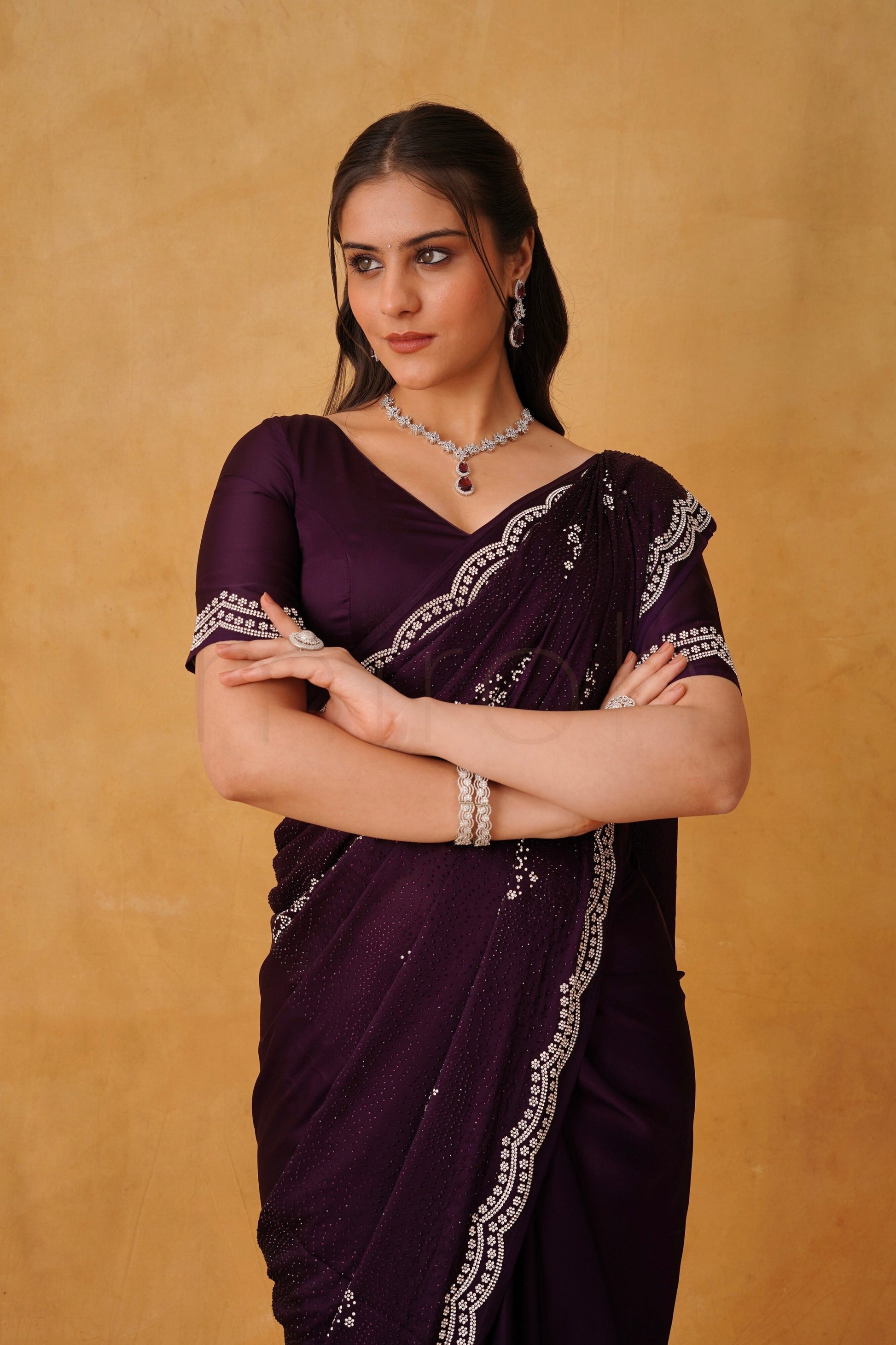 Royal Deep Purple Satin Saree with Dual-Tone Stonework