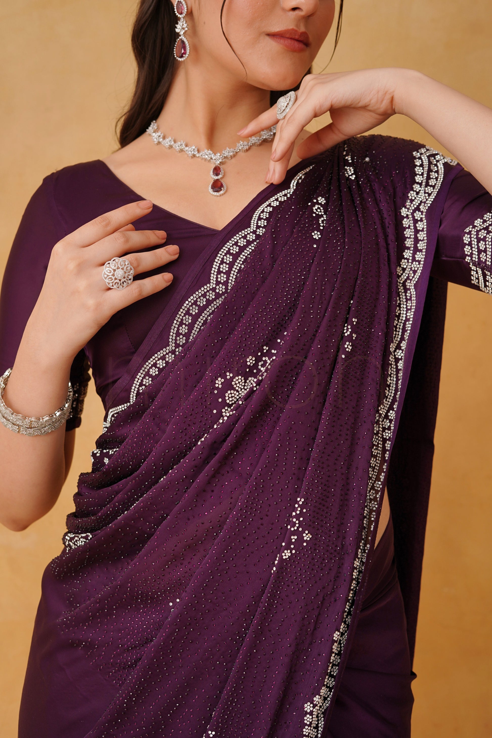 Royal Deep Purple Satin Saree with Dual-Tone Stonework