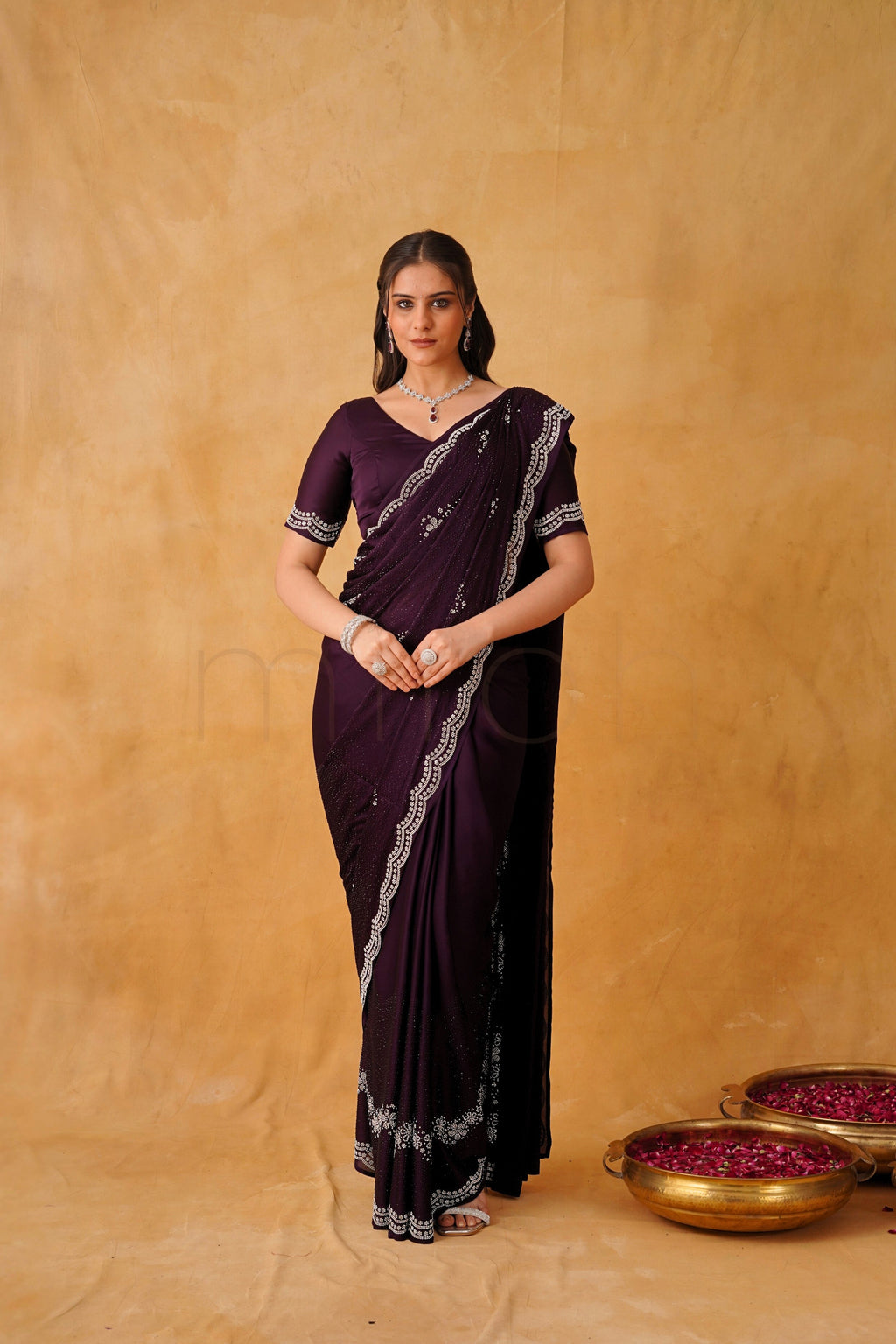 Royal Deep Purple Satin Saree with Dual-Tone Stonework