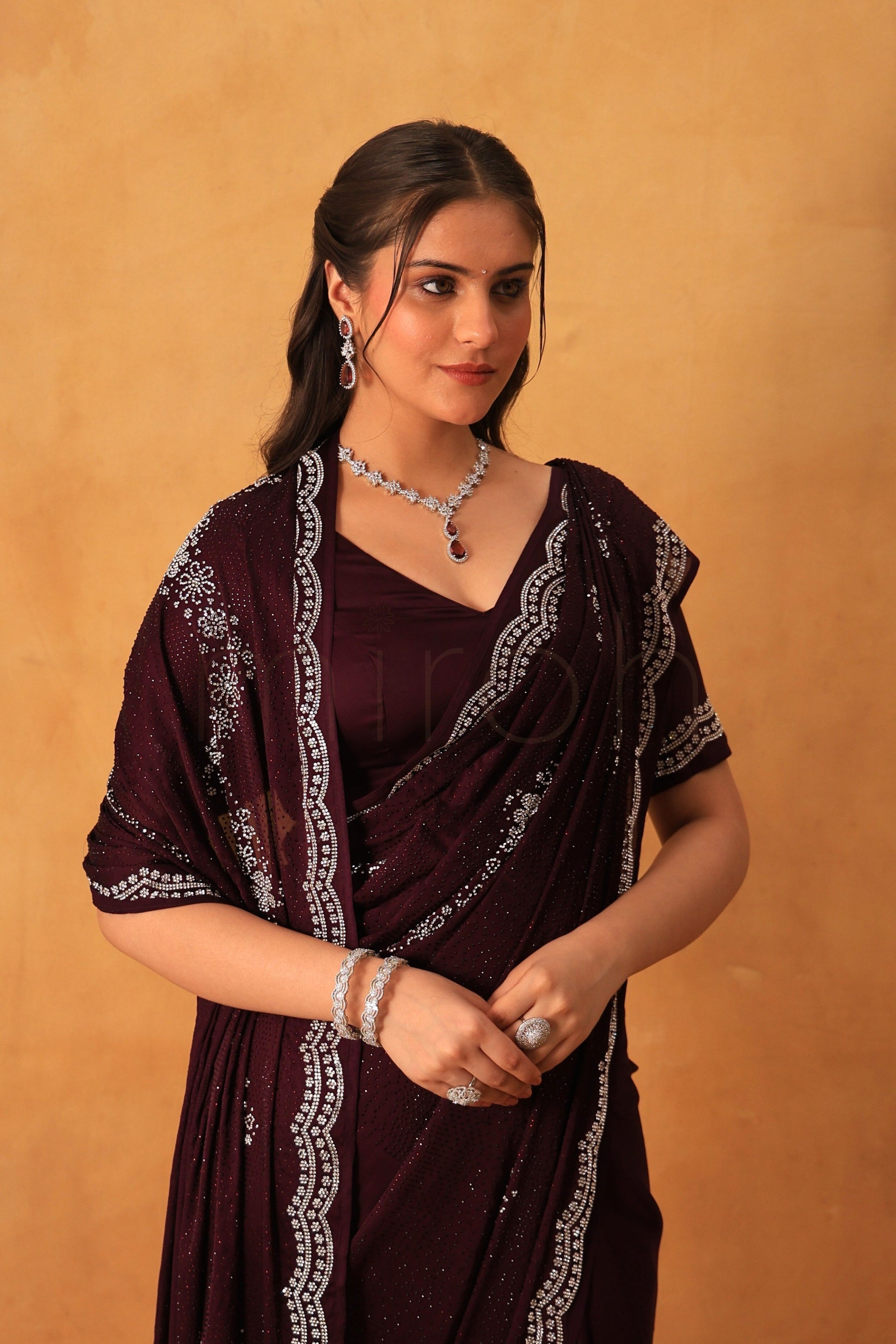Royal Deep Purple Satin Saree with Dual-Tone Stonework