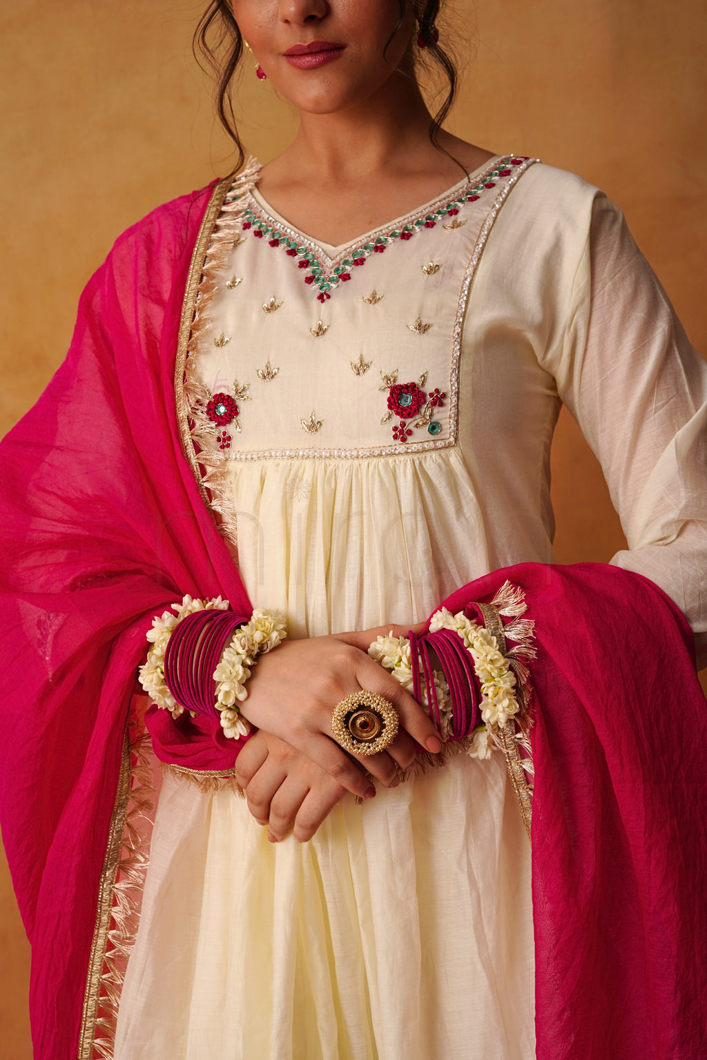 Ivory Mul Chanderi Suit with Rani Pink Dupatta