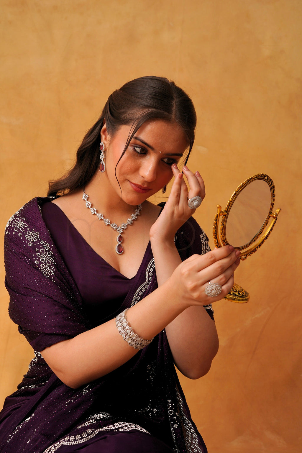 Royal Deep Purple Satin Saree with Dual-Tone Stonework