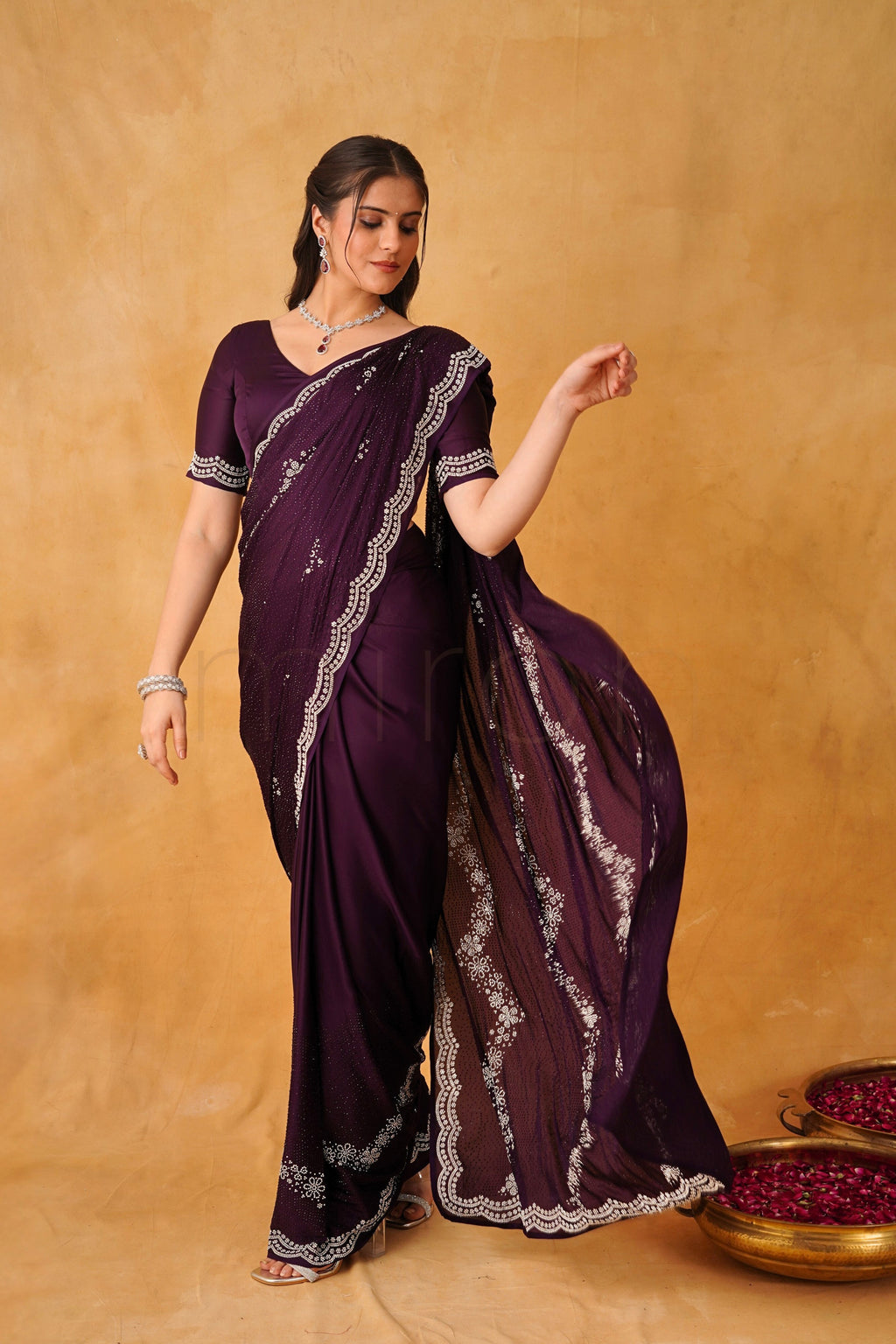 Royal Deep Purple Satin Saree with Dual-Tone Stonework
