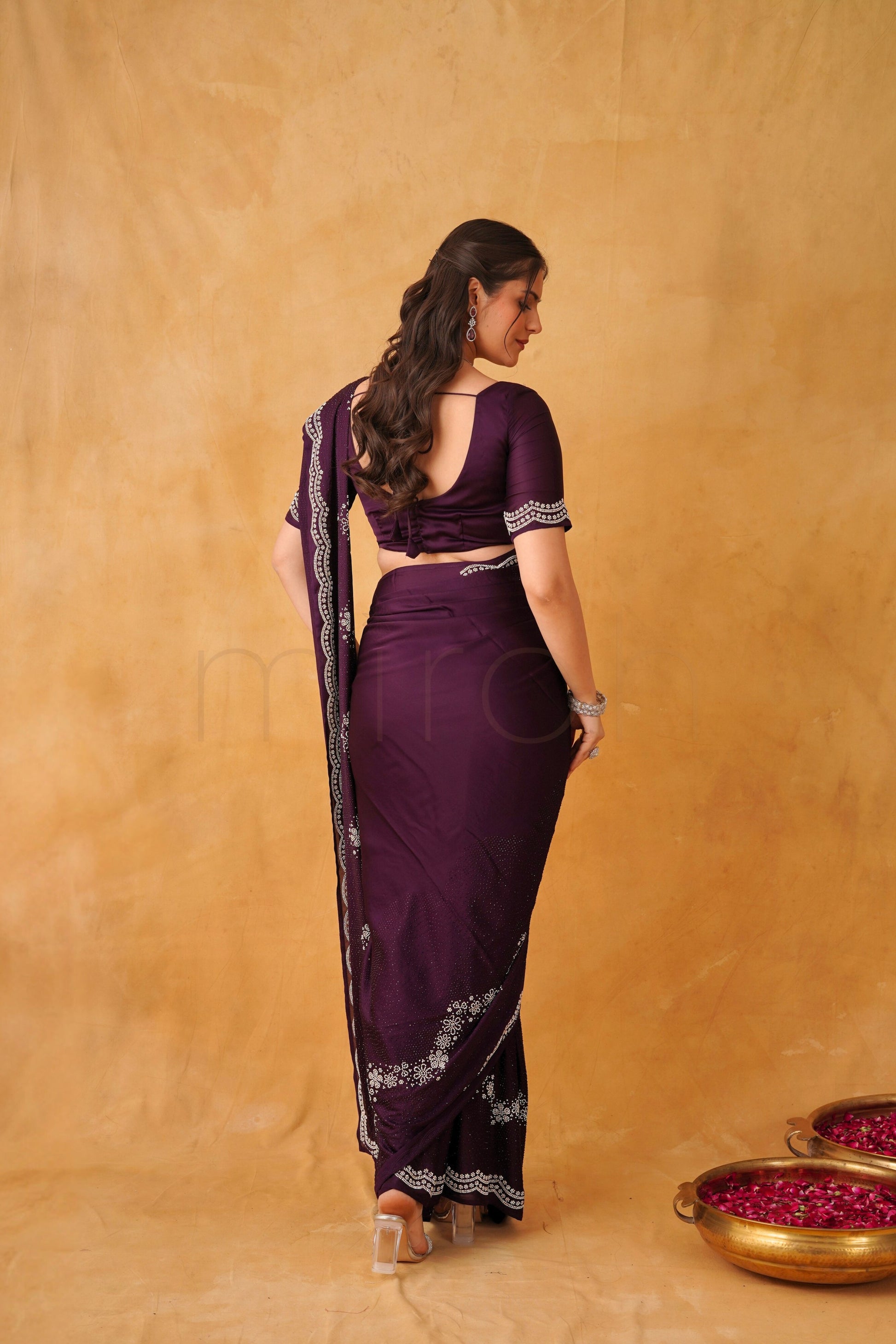 Royal Deep Purple Satin Saree with Dual-Tone Stonework